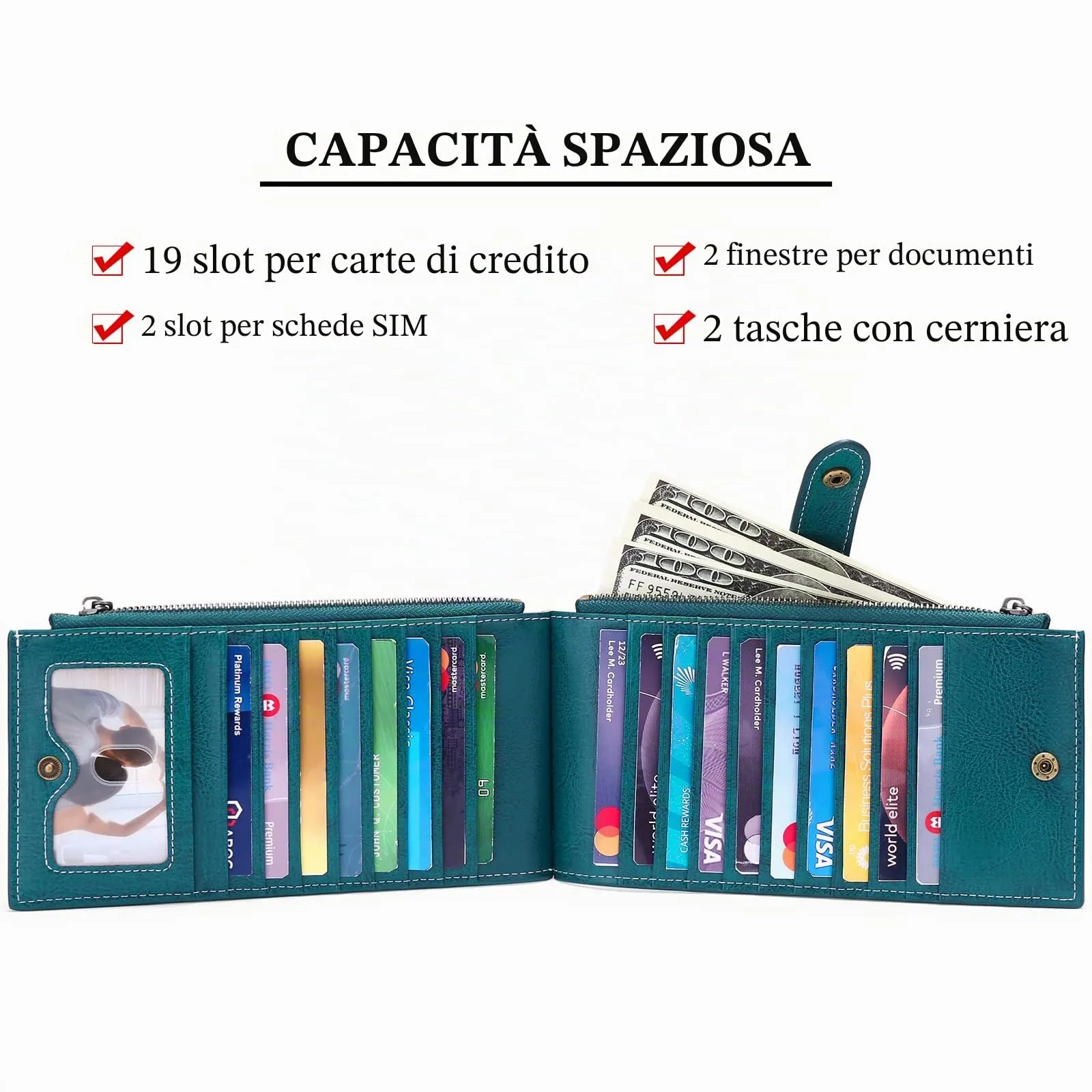 GOIACII Portafoglio da donna in pelle di grande capacità, portamonete da donna RFID blocco con 19 slot carte, chiusura lampo e portaassegni, Cc-verde scuro-vera pelle, RFID - immagine 5
