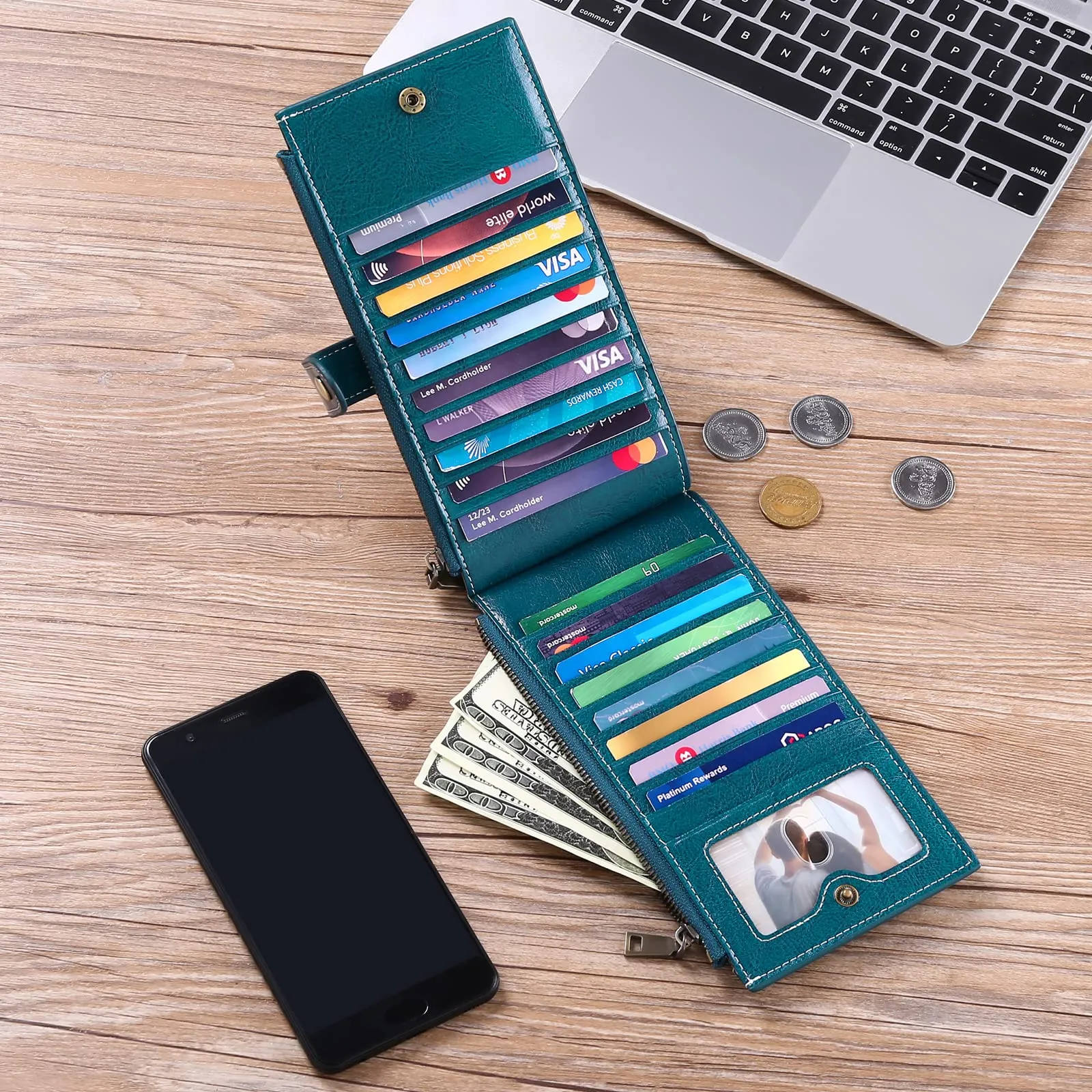 GOIACII Portafoglio da donna in pelle di grande capacità, portamonete da donna RFID blocco con 19 slot carte, chiusura lampo e portaassegni, Cc-verde scuro-vera pelle, RFID - immagine 6