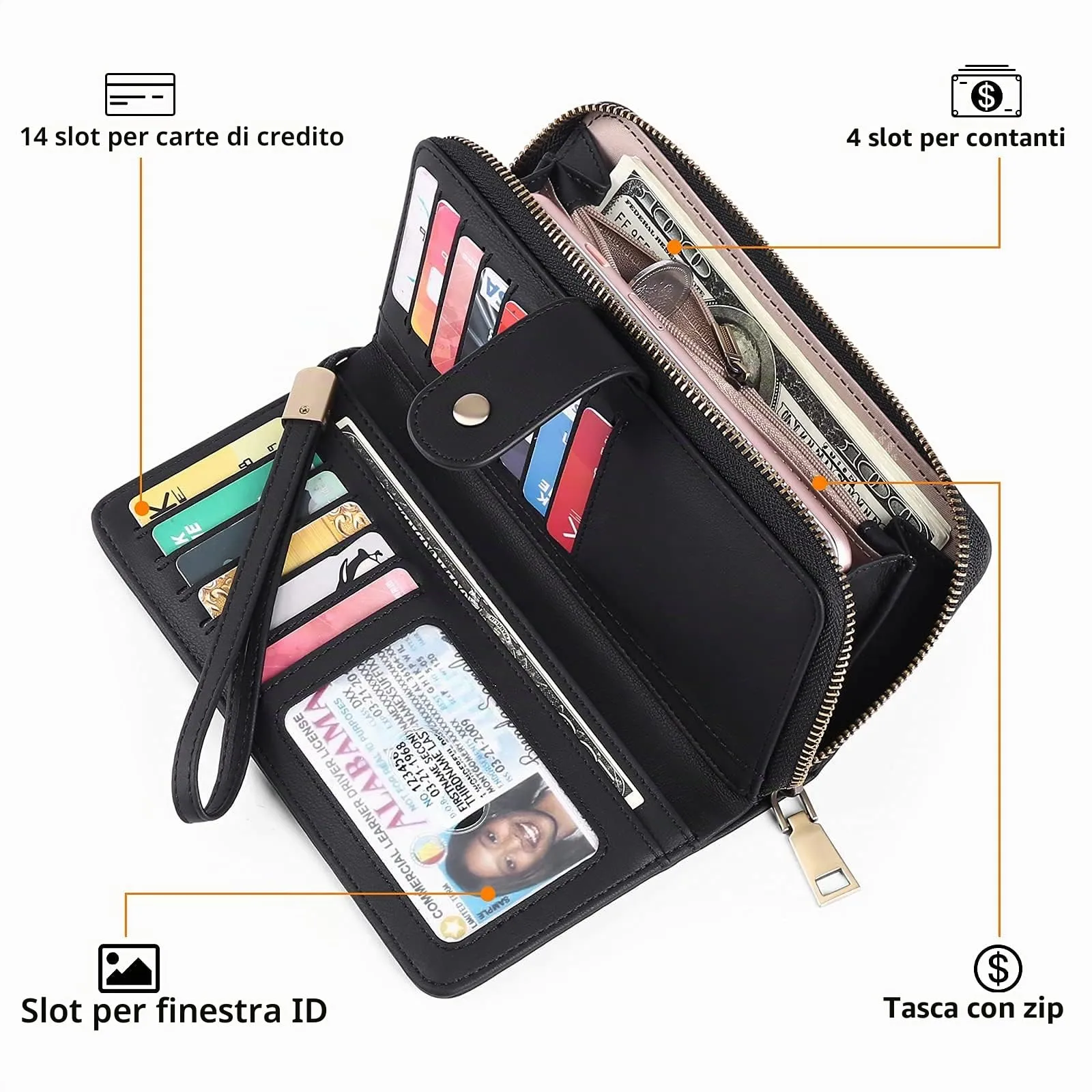 GAEKEAO Portafogli da donna in pelle, Portafoglio Donna Grande Lungo con blocco RFID, Portamonete chiusura con cerniera - immagine 8