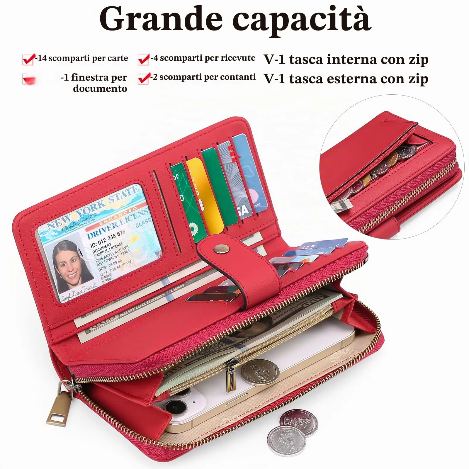 GAEKEAO Portafogli da donna in pelle, Portafoglio Donna Grande Lungo con blocco RFID, Portamonete chiusura con cerniera - immagine 5