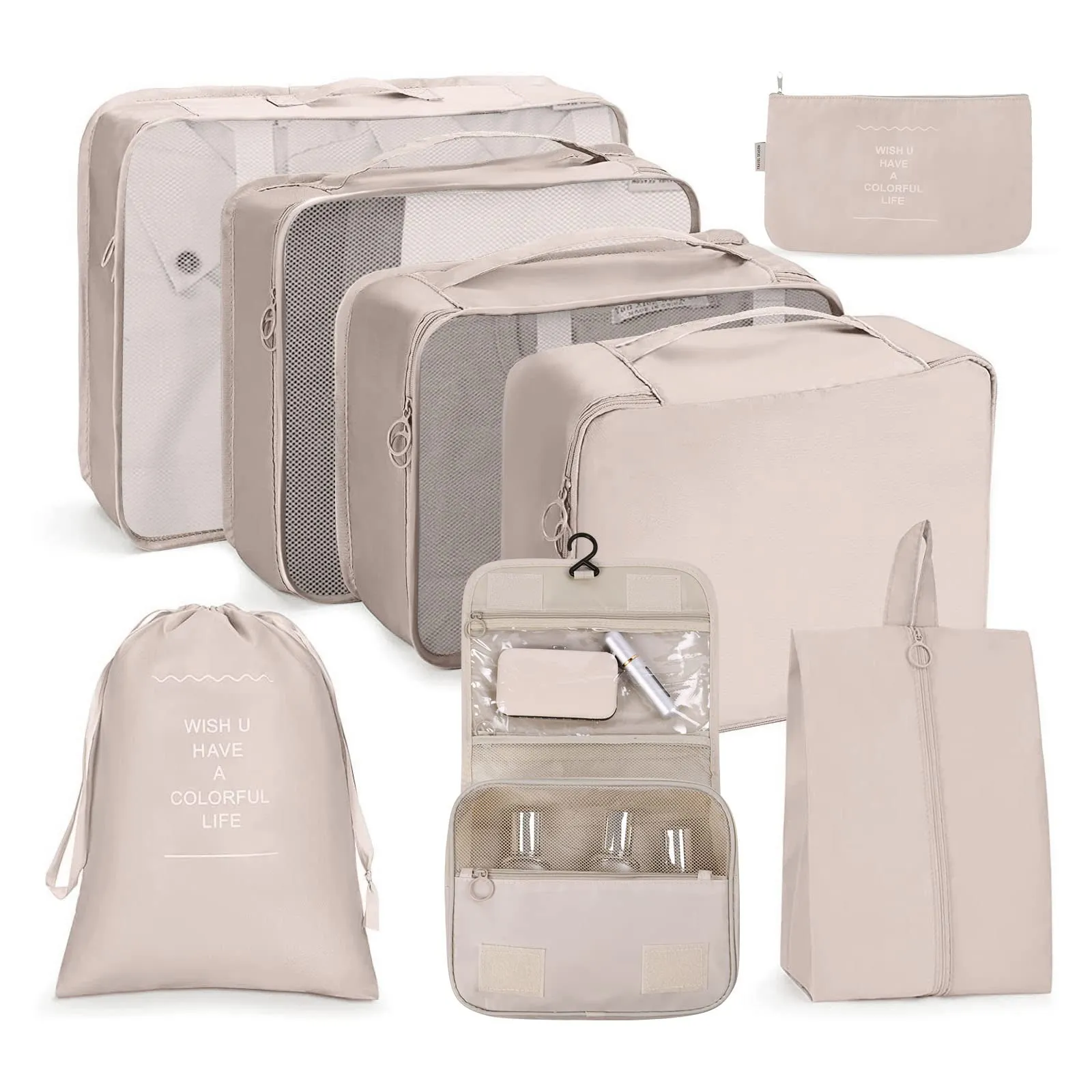 OSDUE Organizer Valigie, 8 Pezzi Waterproof Packing Cube Set, Separatori Buste Viaggio Travel Organizer, Abbigliamento Intimo Calzature Organizzatori Sacchi Valigia di Stoccaggio Set(Marrone chiaro) - immagine 1