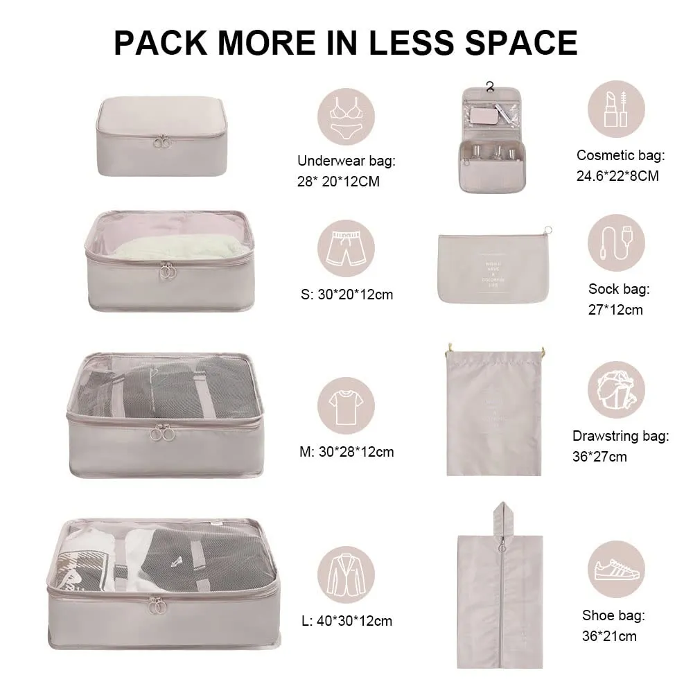 OSDUE Organizer Valigie, 8 Pezzi Waterproof Packing Cube Set, Separatori Buste Viaggio Travel Organizer, Abbigliamento Intimo Calzature Organizzatori Sacchi Valigia di Stoccaggio Set(Marrone chiaro) - immagine 2