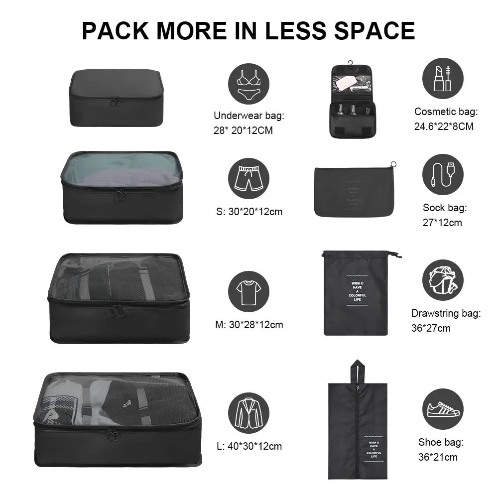 OSDUE Organizer Valigie, 8 Pezzi Waterproof Packing Cube Set, Separatori Buste Viaggio Travel Organizer, Abbigliamento Intimo Calzature Organizzatori Sacchi Valigia di Stoccaggio Set(Nero) - immagine 2