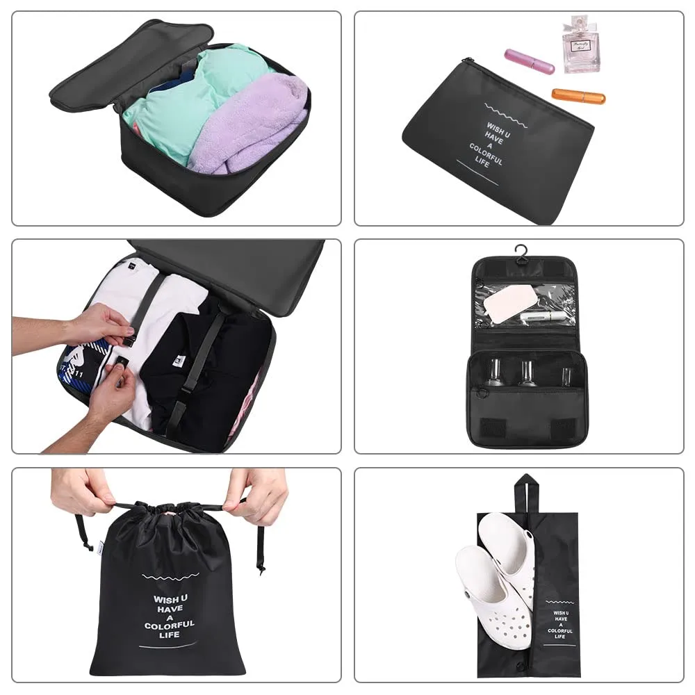 OSDUE Organizer Valigie, 8 Pezzi Waterproof Packing Cube Set, Separatori Buste Viaggio Travel Organizer, Abbigliamento Intimo Calzature Organizzatori Sacchi Valigia di Stoccaggio Set(Nero) - immagine 5