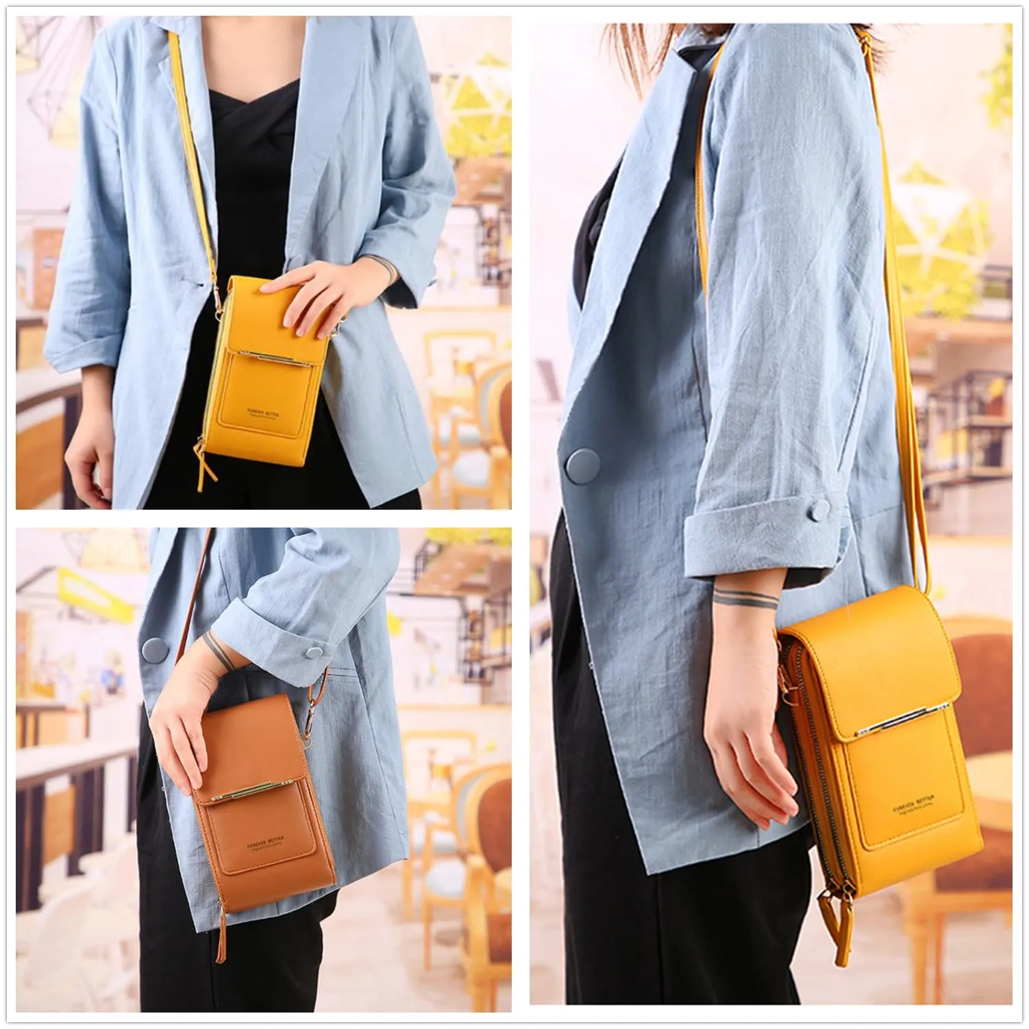 AIFILLE Custodia per cellulare da donna, piccola borsa a tracolla con portafoglio, in pelle PU di alta qualità, con scomparti per carte di credito, pochette, grigio., Kleine Handtasche Damen - immagine 2