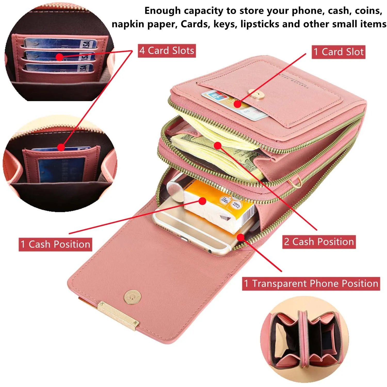 AIFILLE Custodia per cellulare da donna, piccola borsa a tracolla con portafoglio, in pelle PU di alta qualità, con scomparti per carte di credito, pochette, grigio., Kleine Handtasche Damen - immagine 3