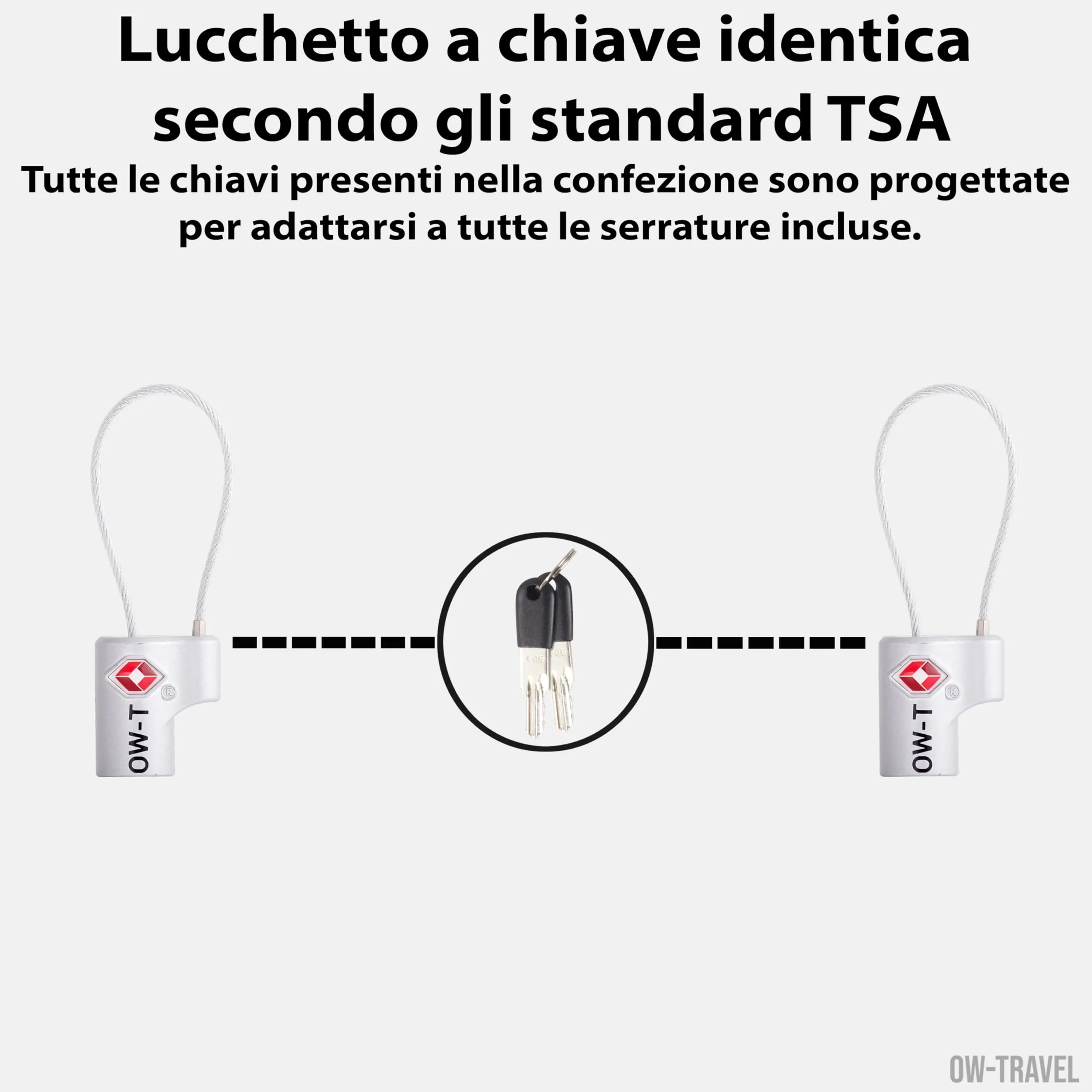 OW-Travel Lucchetto TSA con Cavo e Chiave, Lucchetto Valigia Argento, 2 Pz - immagine 3