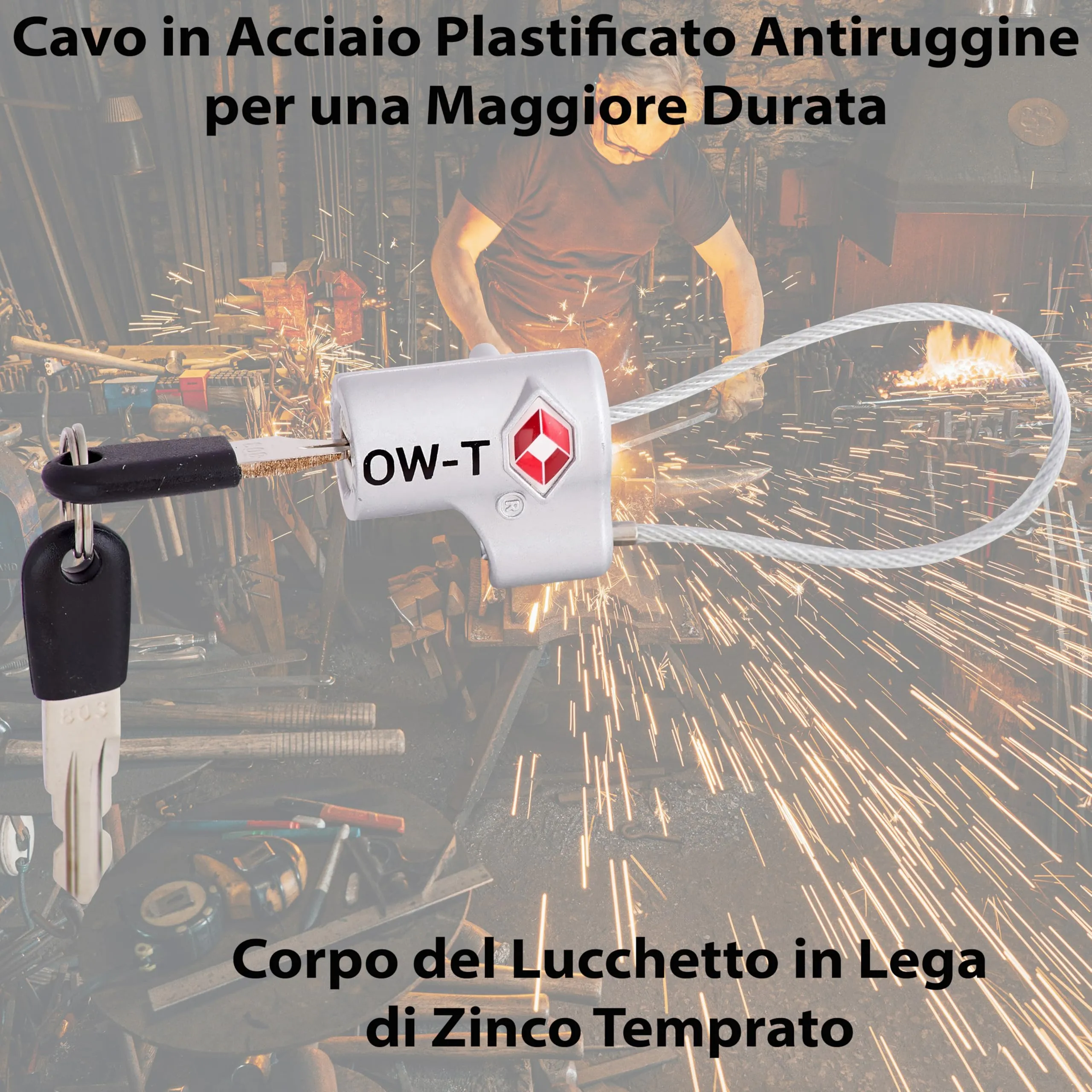 OW-Travel Lucchetto TSA con Cavo e Chiave, Lucchetto Valigia Argento, 2 Pz - immagine 7