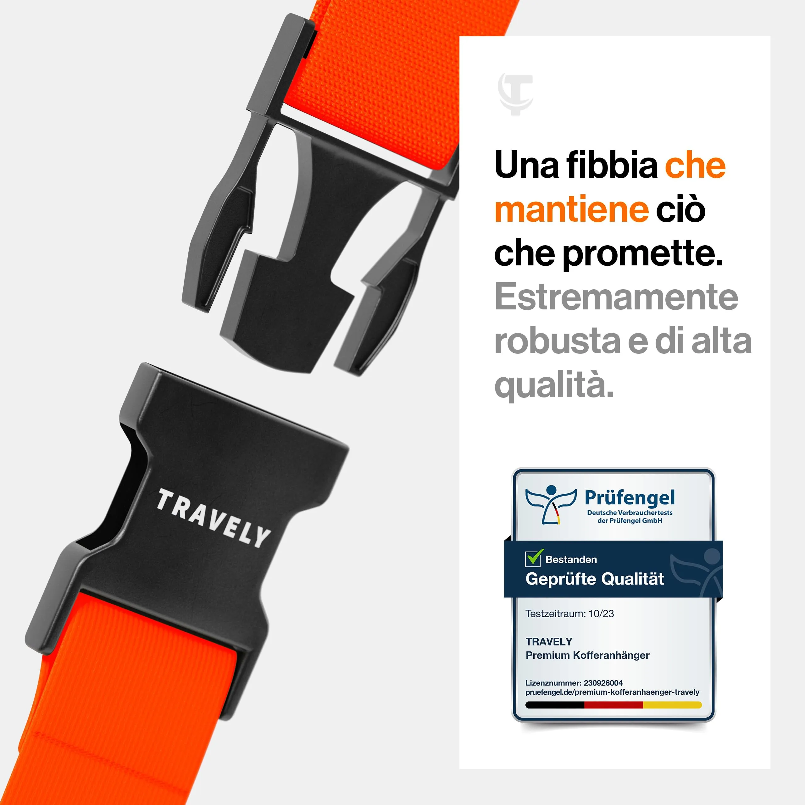 Travely® Cinghia per valigia di alta qualità, accattivante e sicura, con 2 targhette per nome, nastro per bagagli sulla croce, set da 2 pezzi arancione - immagine 2
