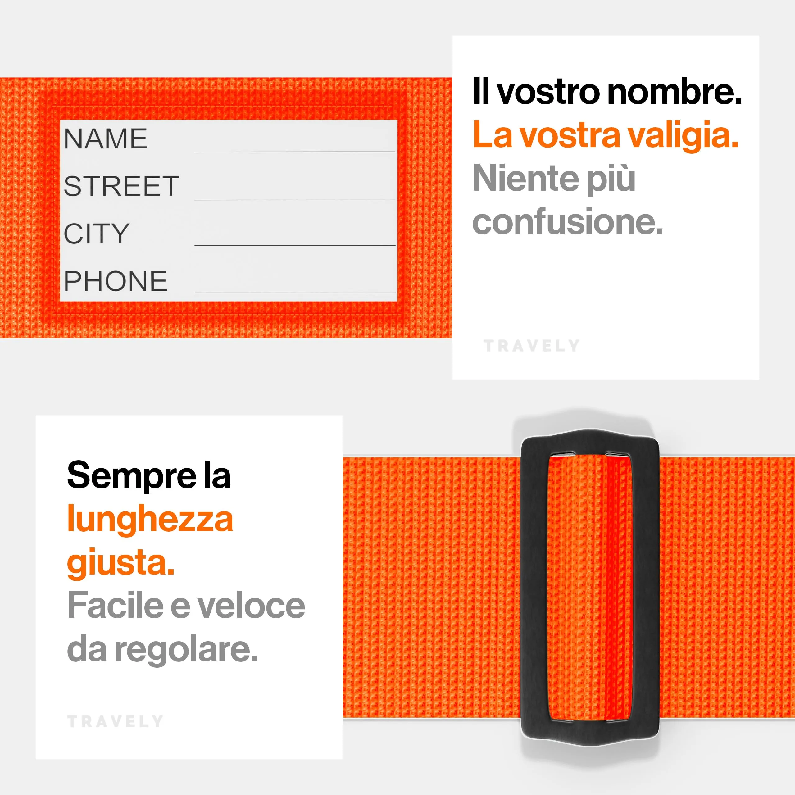 Travely® Cinghia per valigia di alta qualità, accattivante e sicura, con 2 targhette per nome, nastro per bagagli sulla croce, set da 2 pezzi arancione - immagine 5