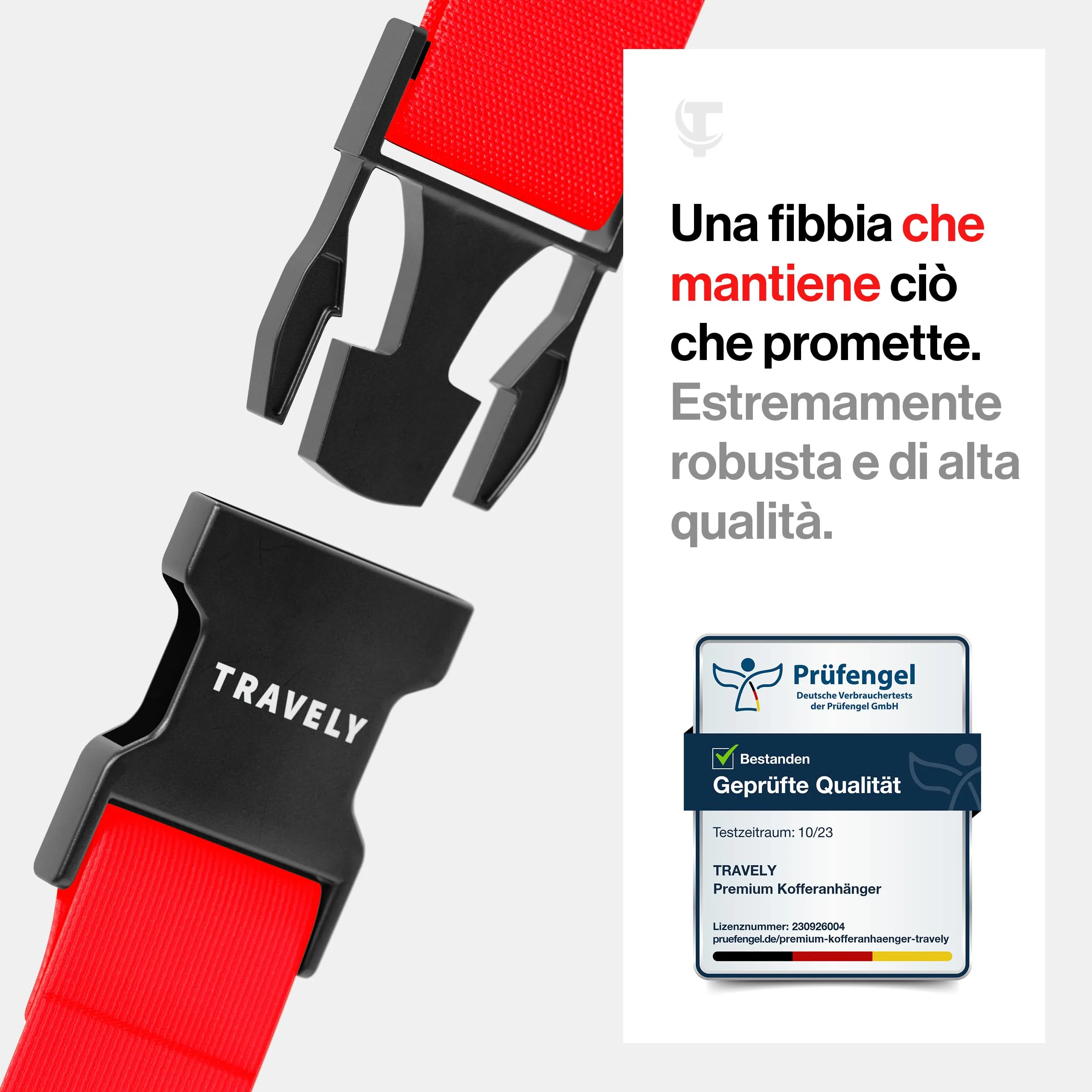 Travely® Cinghia per valigia alta qualità, accattivante e sicura, 2 targhette nome, nastro bagagli croce, set 2 pezzi, rosso - immagine 2