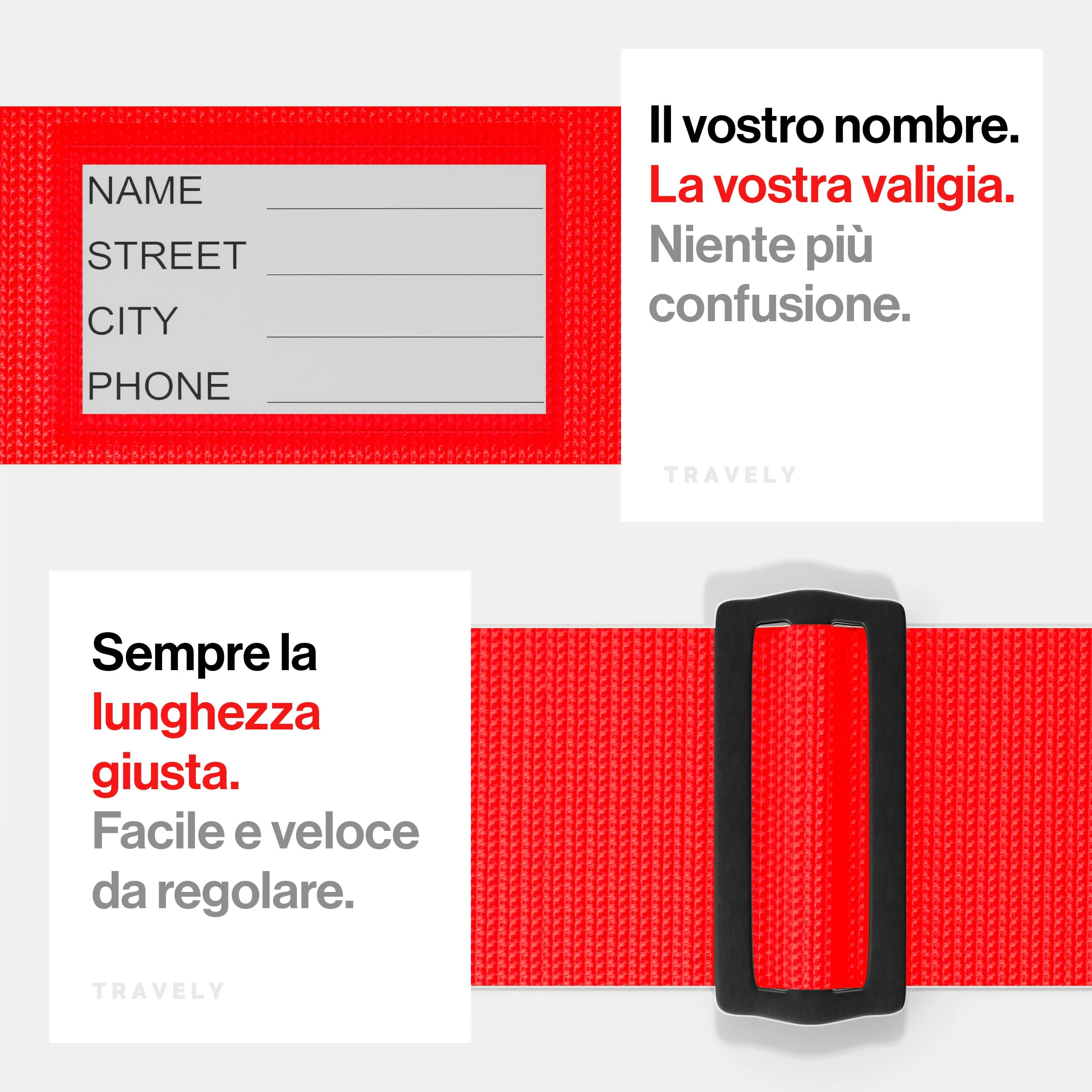 Travely® Cinghia per valigia alta qualità, accattivante e sicura, 2 targhette nome, nastro bagagli croce, set 2 pezzi, rosso - immagine 5