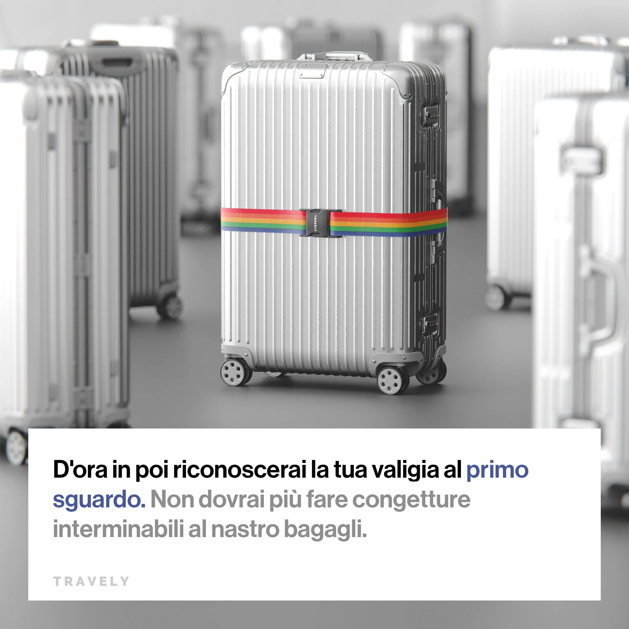 Travely® Cinghia per valigia alta qualità, accattivante e sicura, 4 targhette nome, nastro bagagli croce, set 4 pezzi, arcobaleno - immagine 4