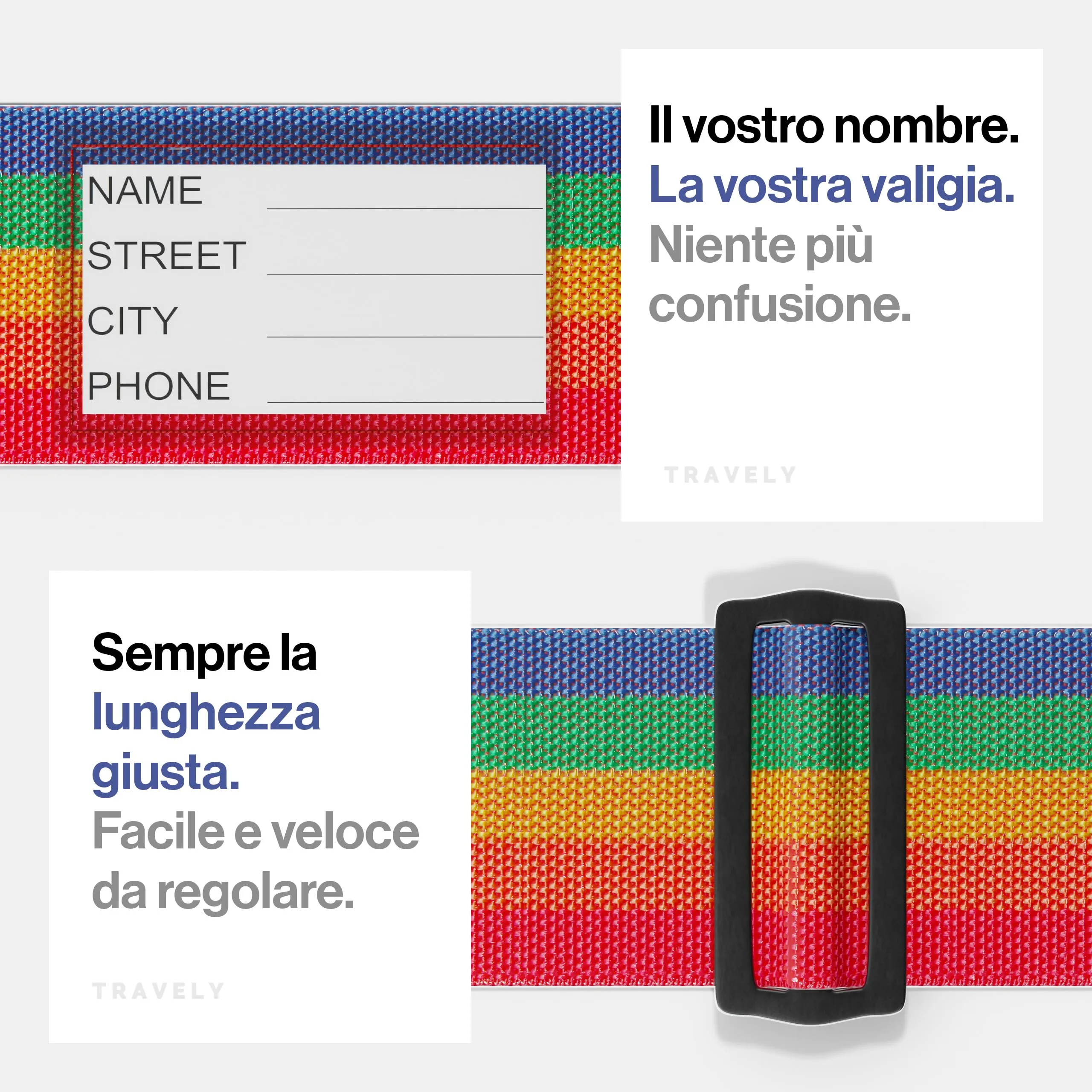 Travely® Cinghia per valigia alta qualità, accattivante e sicura, 4 targhette nome, nastro bagagli croce, set 4 pezzi, arcobaleno - immagine 5