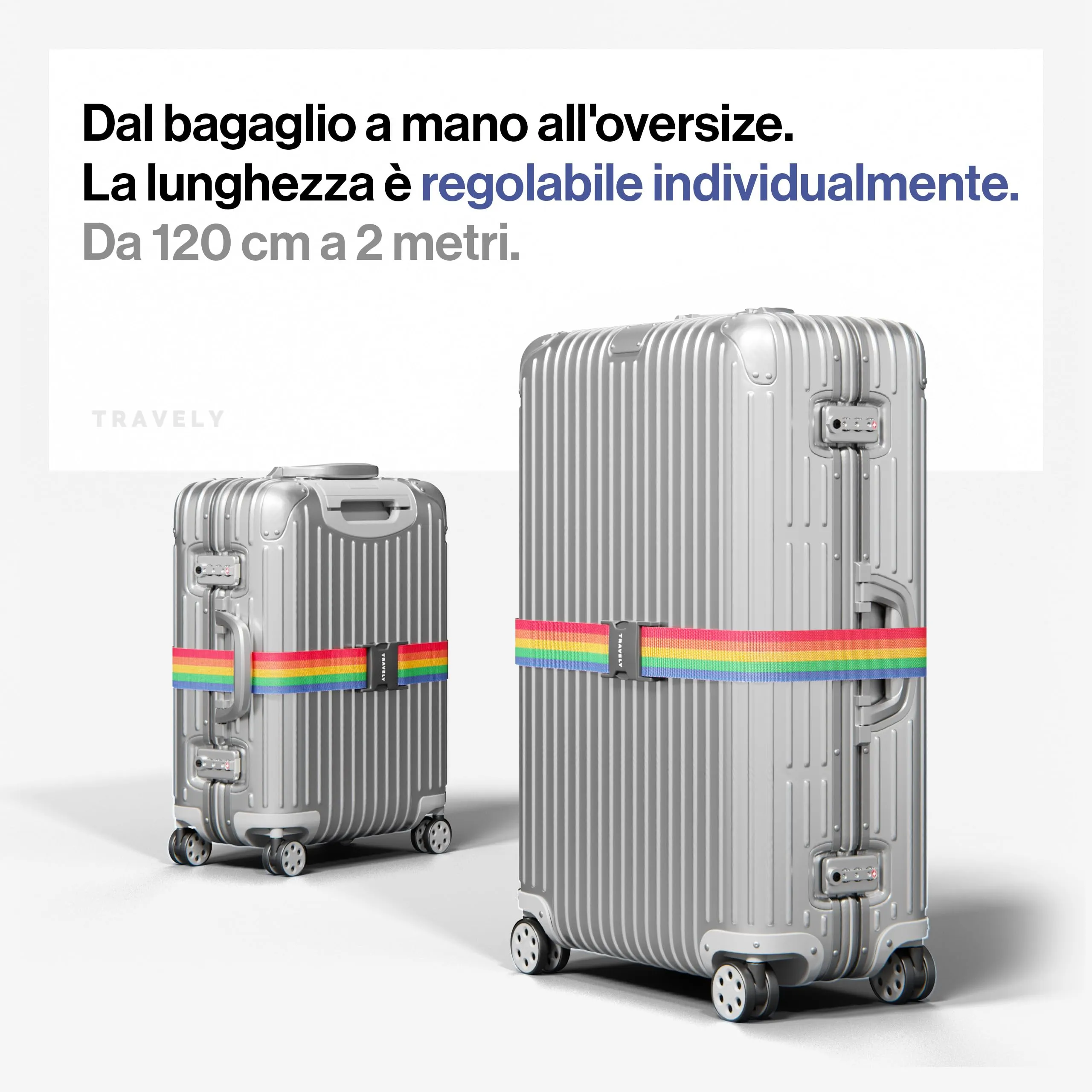 Travely® Cinghia per valigia alta qualità, accattivante e sicura, 4 targhette nome, nastro bagagli croce, set 4 pezzi, arcobaleno - immagine 6