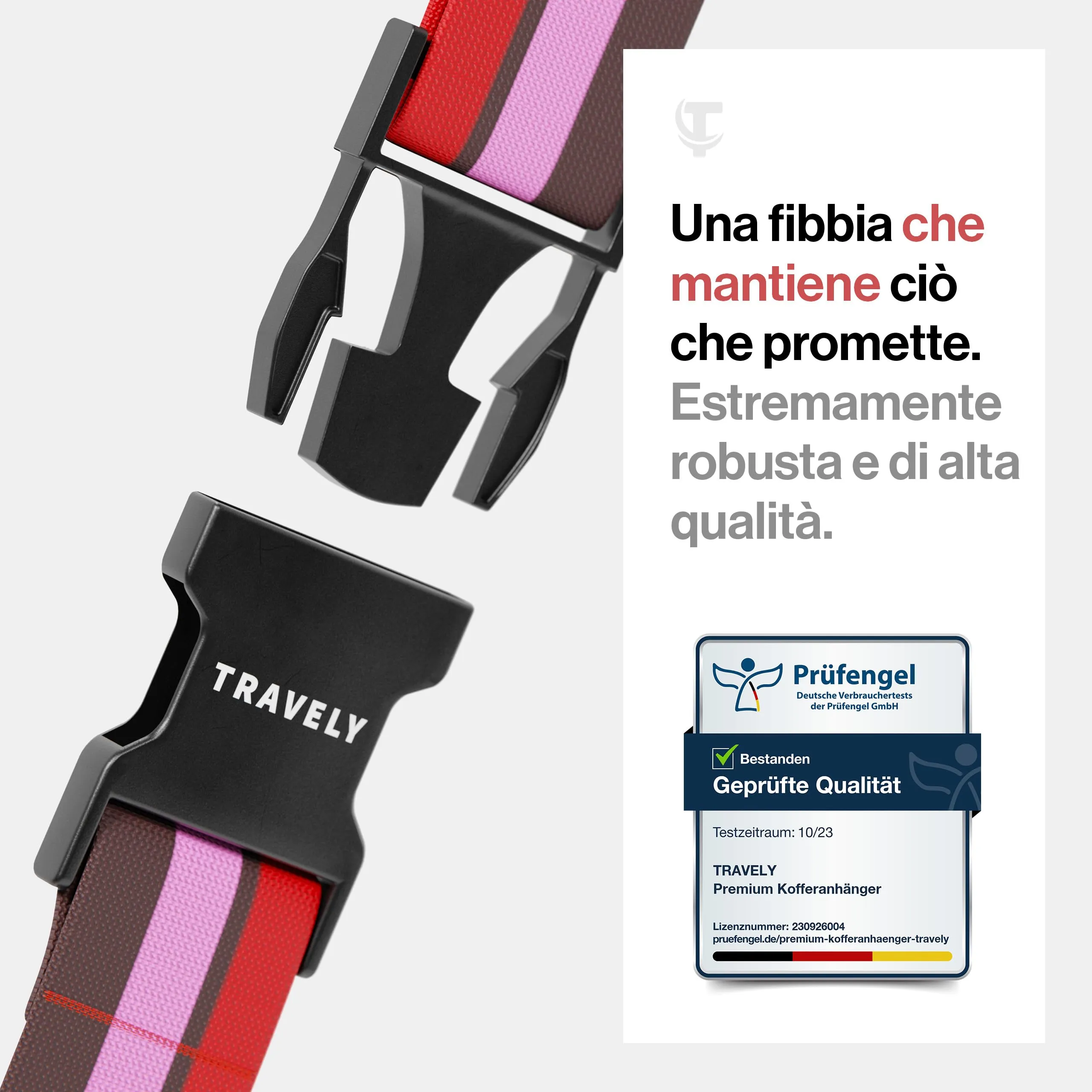 Travely® Cinghia Premium per valigia - Particolarmente vistosa e sicura - Include 4 targhette portanome - Nastro per bagagli ideale a croce - [Set da 4] - Rosso-Rosa-Marrone - immagine 2