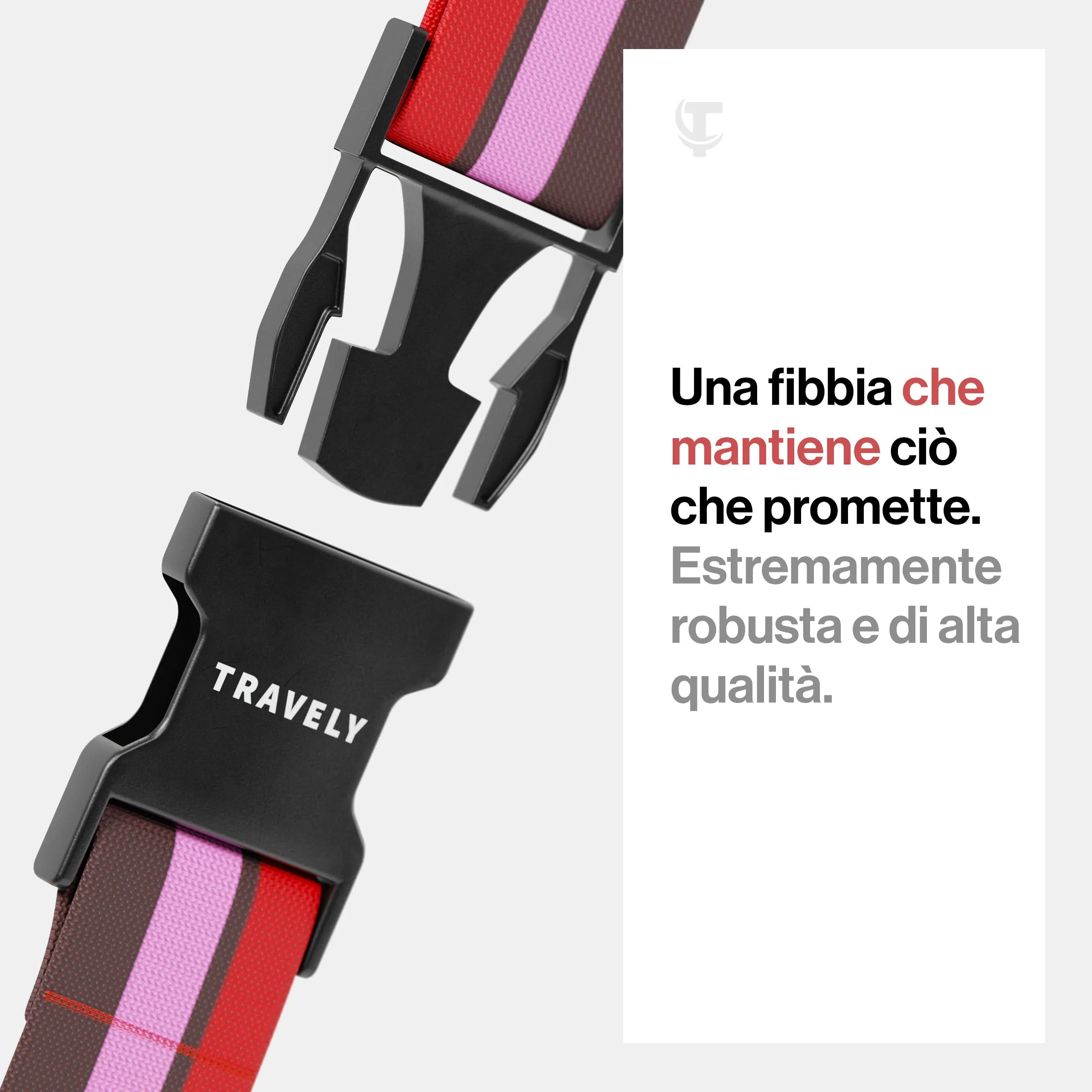 Travely® Cinghia Premium per valigia - Particolarmente vistosa e sicura - Include 4 targhette portanome - Nastro per bagagli ideale a croce - [Set da 4] - Rosso-Rosa-Marrone - immagine 3