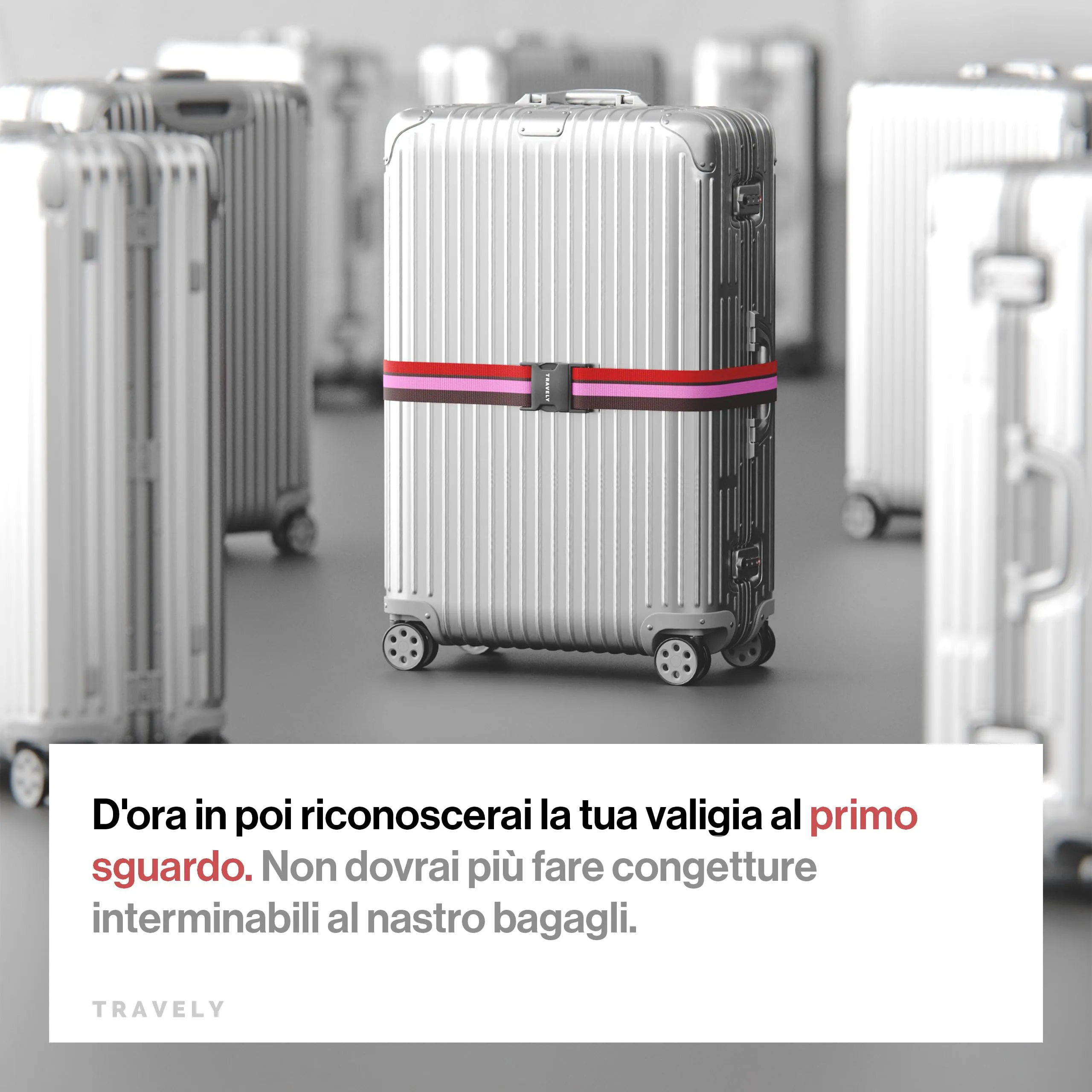 Travely® Cinghia Premium per valigia - Particolarmente vistosa e sicura - Include 4 targhette portanome - Nastro per bagagli ideale a croce - [Set da 4] - Rosso-Rosa-Marrone - immagine 4