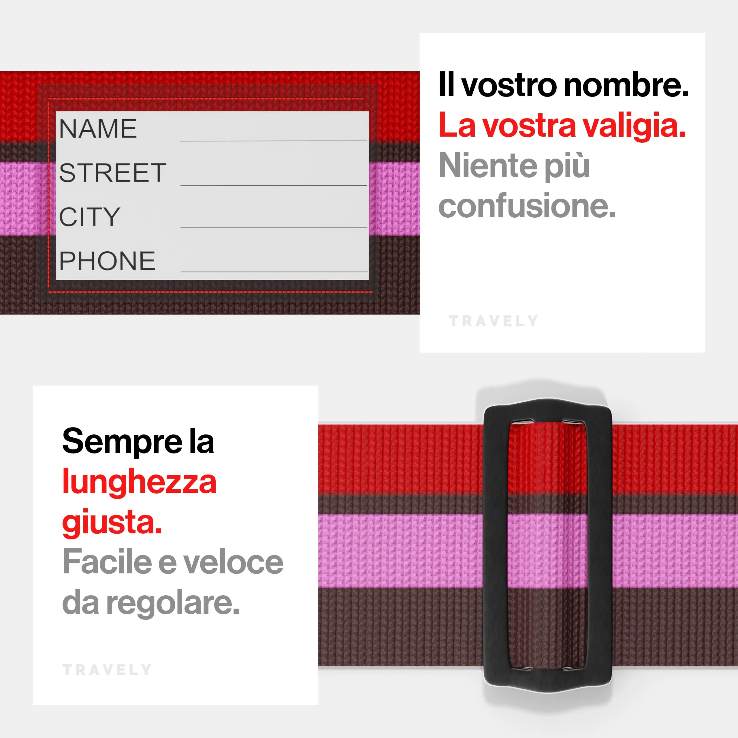 Travely® Cinghia Premium per valigia - Particolarmente vistosa e sicura - Include 4 targhette portanome - Nastro per bagagli ideale a croce - [Set da 4] - Rosso-Rosa-Marrone - immagine 5