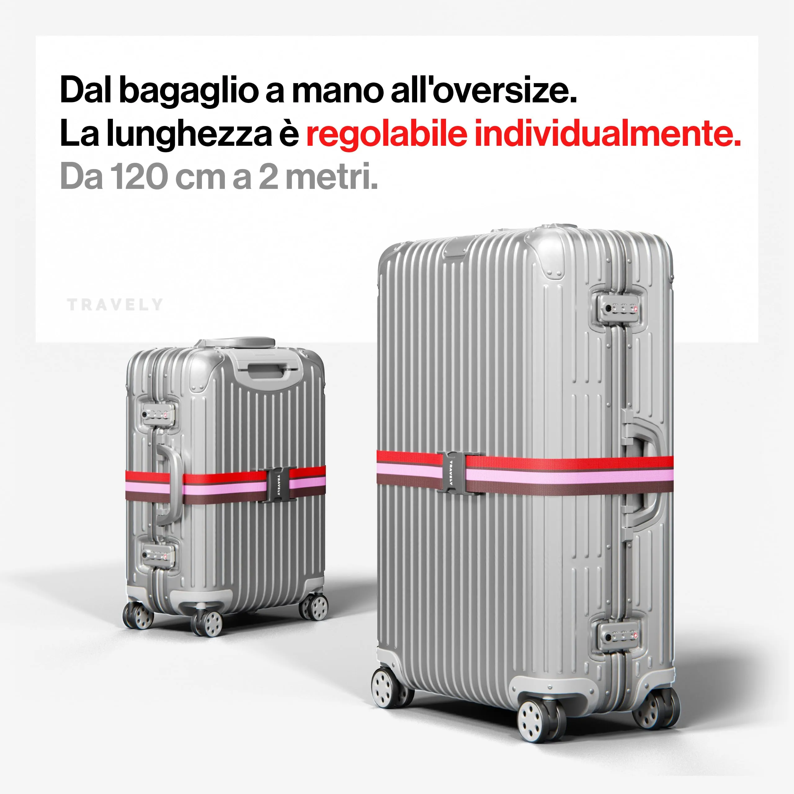 Travely® Cinghia Premium per valigia - Particolarmente vistosa e sicura - Include 4 targhette portanome - Nastro per bagagli ideale a croce - [Set da 4] - Rosso-Rosa-Marrone - immagine 6