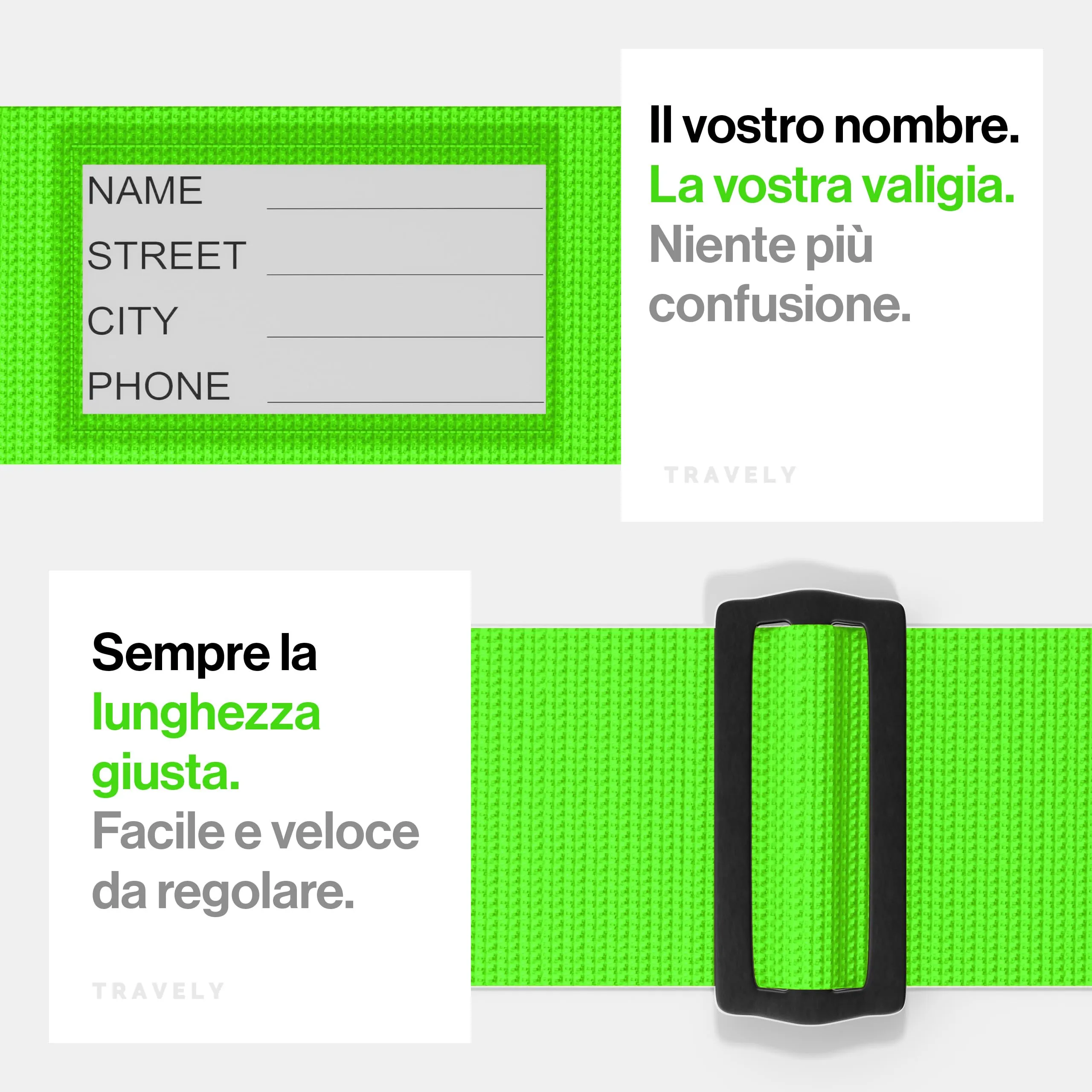 Travely® Cintura Premium per Valigia - Particolarmente Vistosa e Sicura - Include 2 Targhette Identificative - Nastro per Bagagli Ideale a Croce - [Set da 2] - Verde - immagine 5
