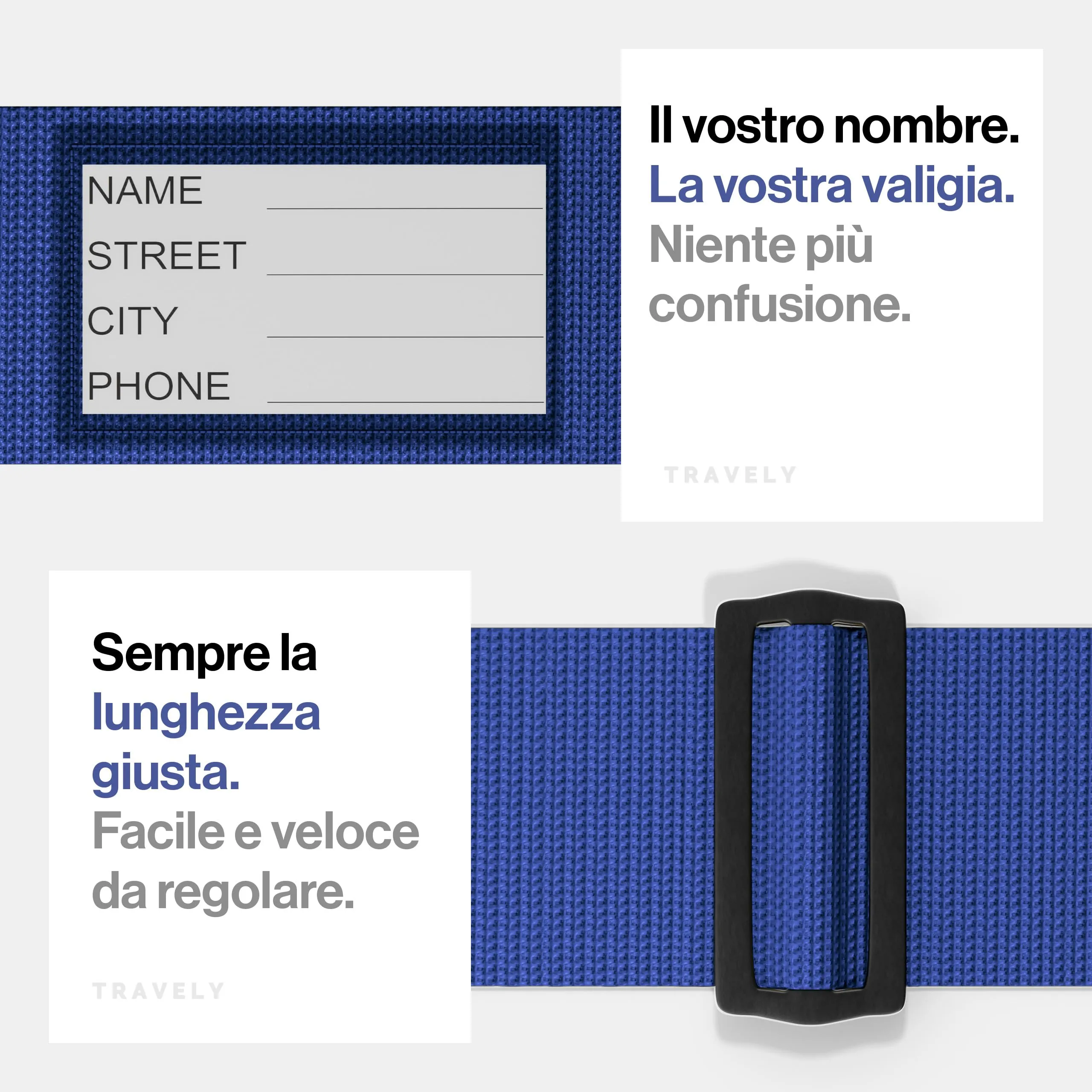 Travely® Cinghia per valigia di alta qualità, accattivante e sicura, con 2 targhette per nome, nastro per bagagli sulla croce, set da 2 pezzi, blu navy - immagine 5