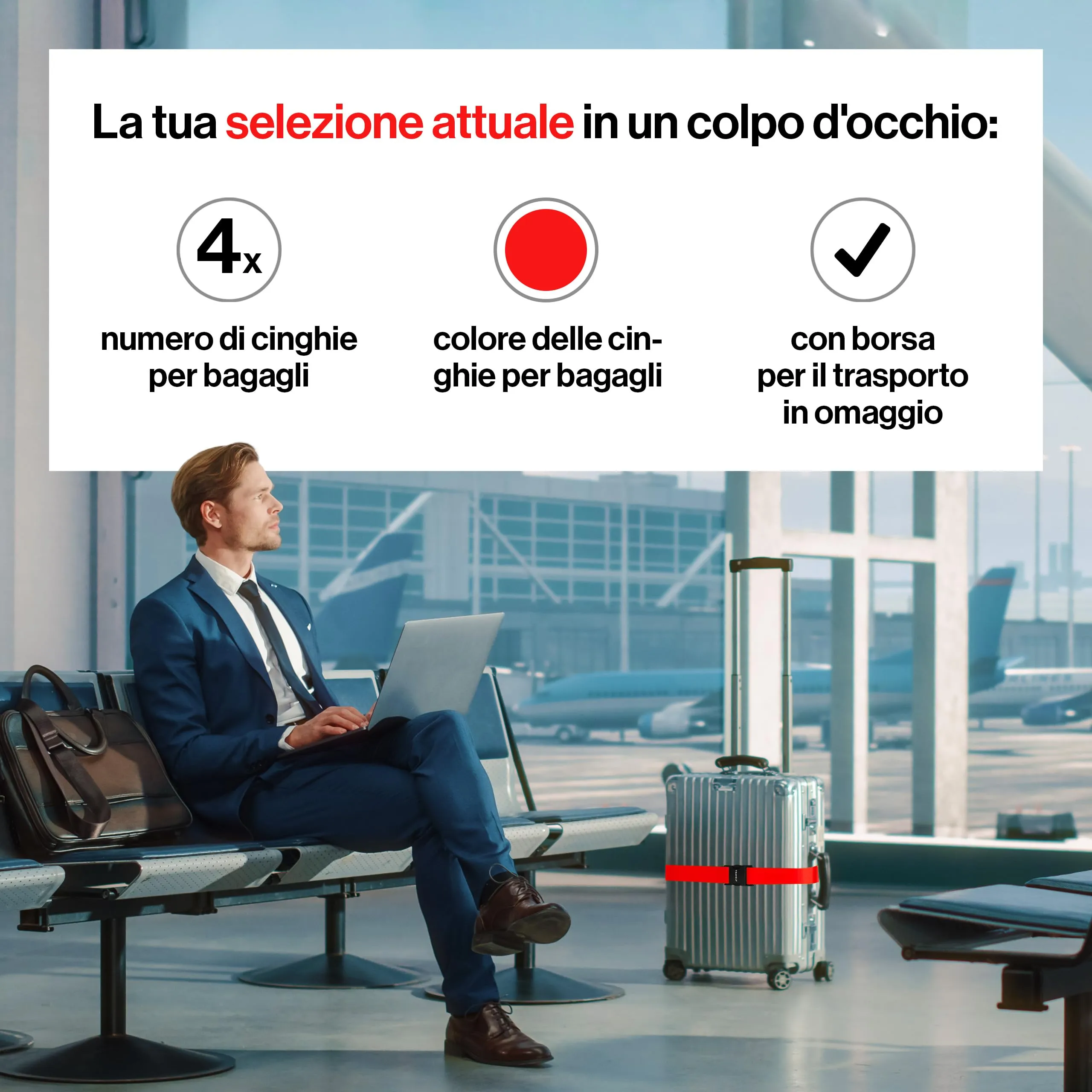 Travely® Cinghia per valigia di alta qualità, accattivante e sicura, con 4 targhette per nome, nastro per bagagli sulla croce, set da 4 pezzi, rosso - immagine 7