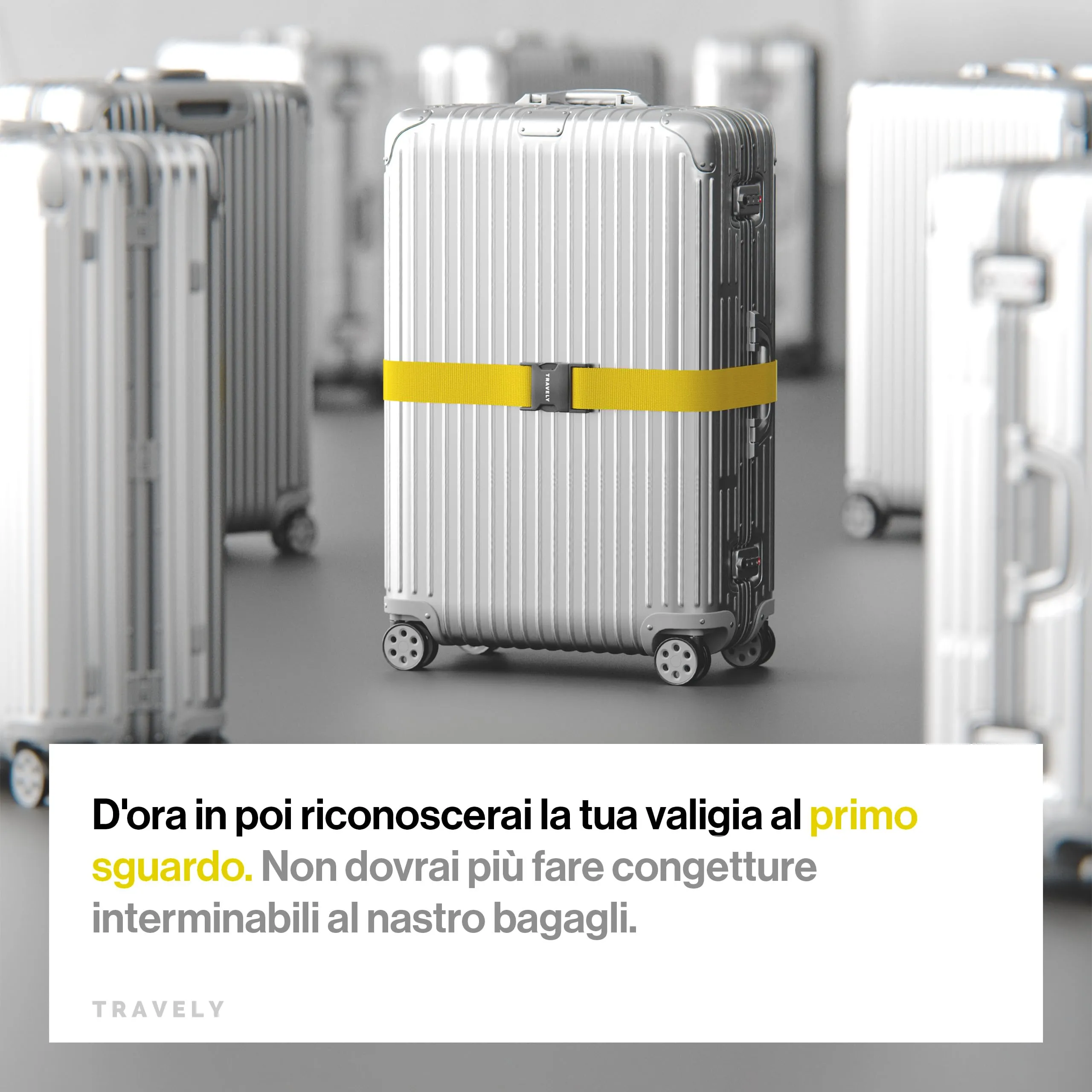 Travely® Cinghia per valigia di alta qualità, accattivante e sicura, con 4 targhette per nome, nastro per bagagli sulla croce, set da 4 pezzi, colore giallo - immagine 4