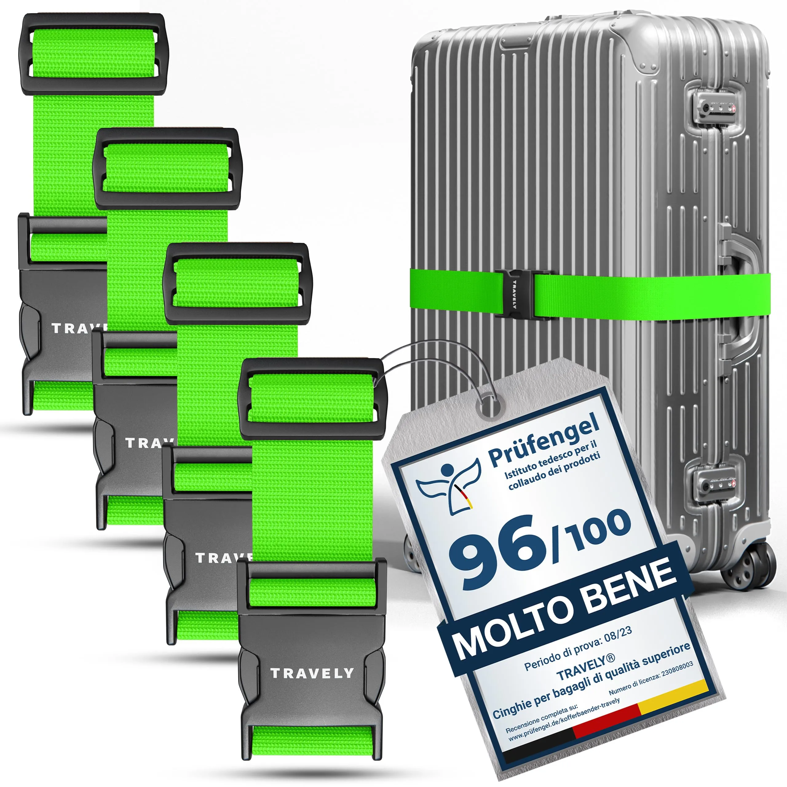 Travely® Cinghia per valigia di alta qualità, accattivante e sicura, con 4 targhette per nome, nastro per bagagli sulla croce, set da 4 pezzi, verde - immagine 1