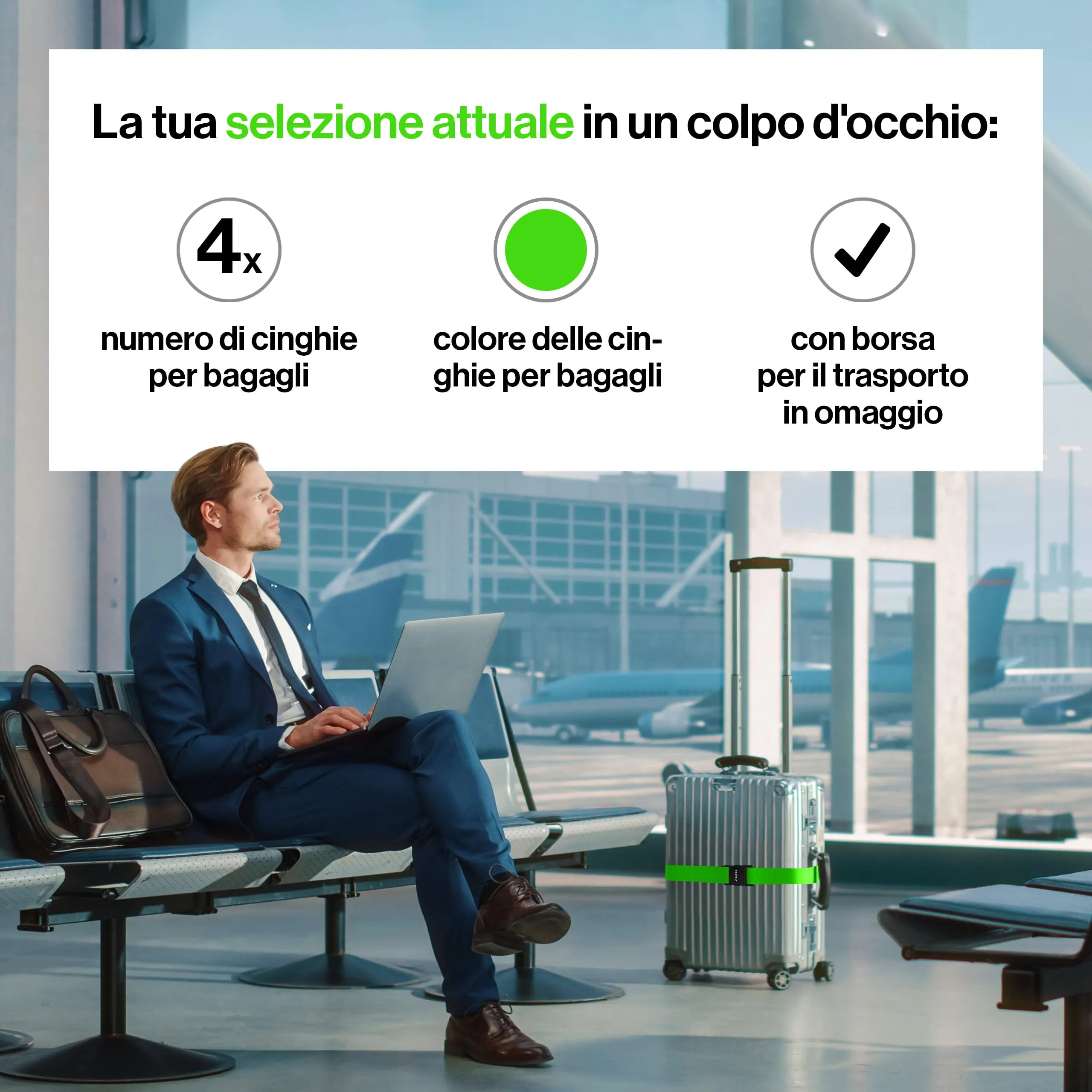 Travely® Cinghia per valigia di alta qualità, accattivante e sicura, con 4 targhette per nome, nastro per bagagli sulla croce, set da 4 pezzi, verde - immagine 7