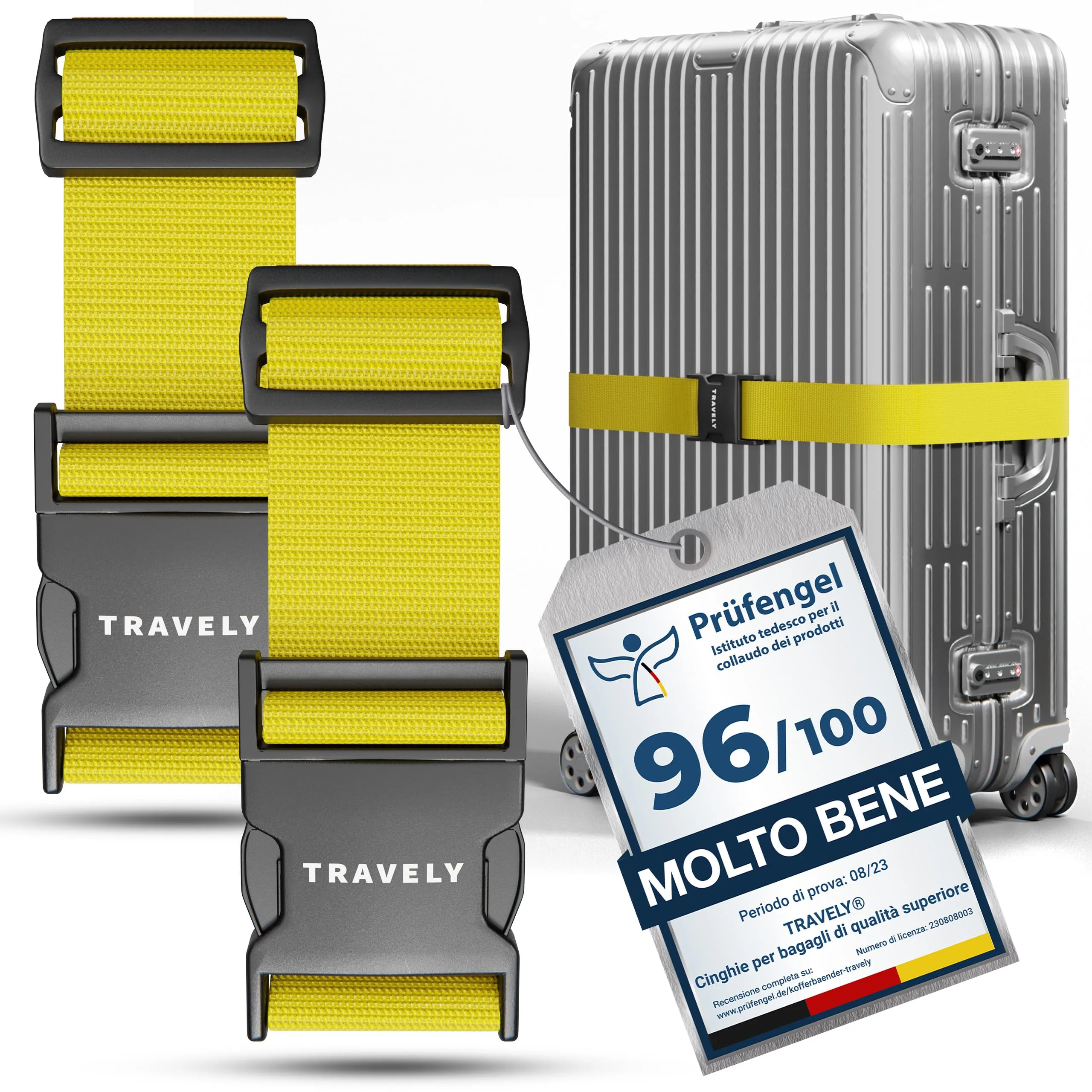 Travely® Cinghia per valigia di alta qualità, accattivante e sicura, con 2 targhette per nome, nastro per bagagli sulla croce, set da 2 pezzi, colore giallo - immagine 1
