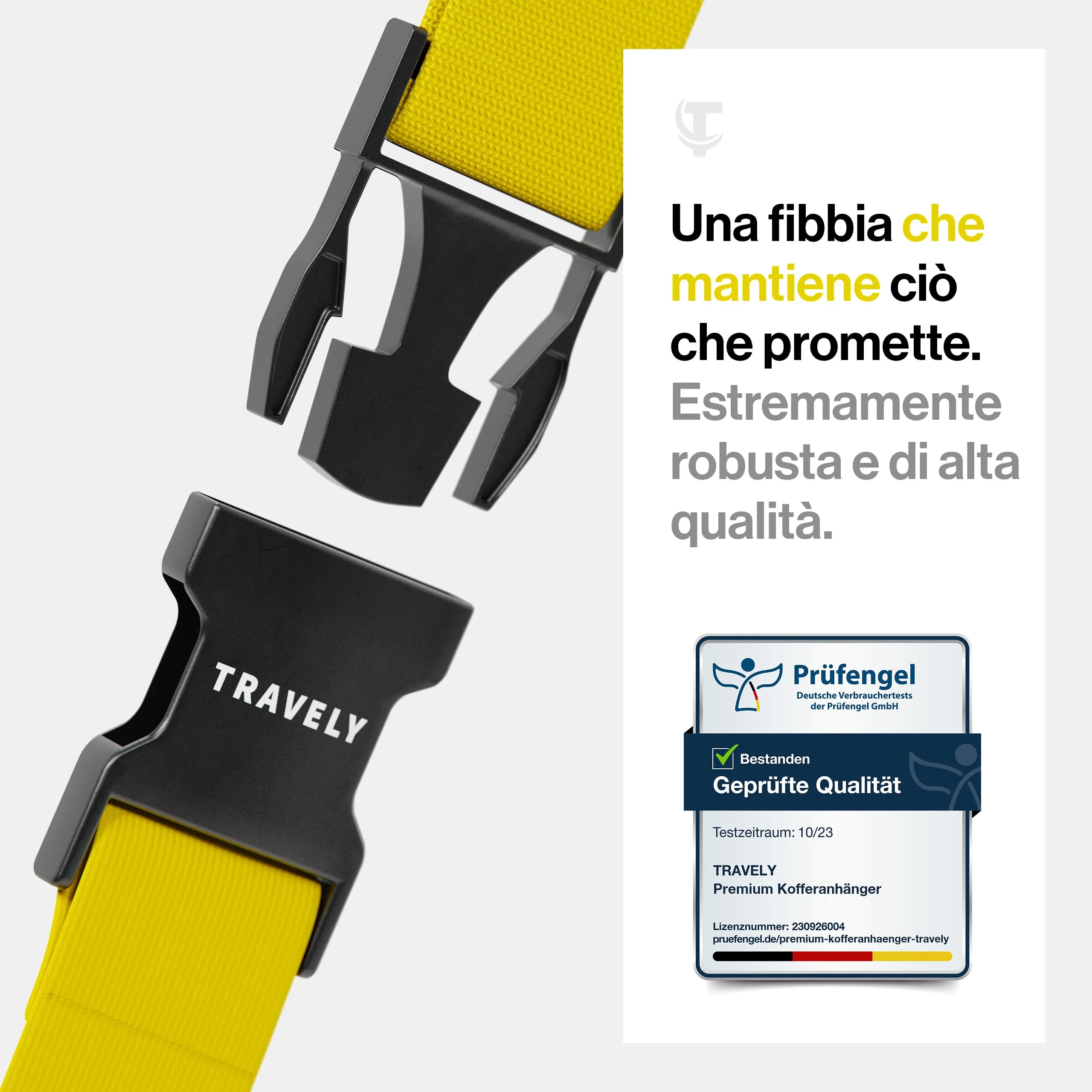 Travely® Cinghia per valigia di alta qualità, accattivante e sicura, con 2 targhette per nome, nastro per bagagli sulla croce, set da 2 pezzi, colore giallo - immagine 2