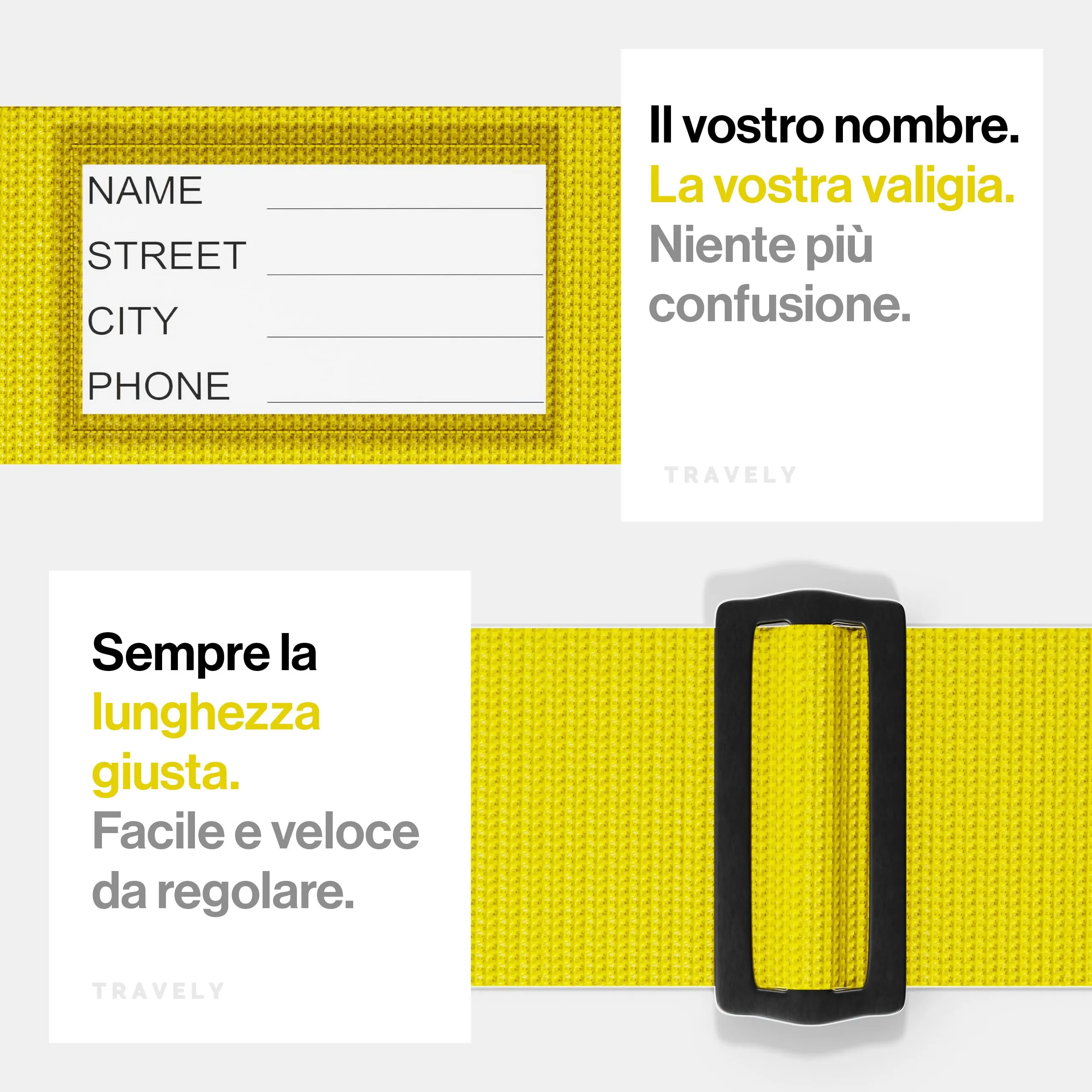 Travely® Cinghia per valigia di alta qualità, accattivante e sicura, con 2 targhette per nome, nastro per bagagli sulla croce, set da 2 pezzi, colore giallo - immagine 5