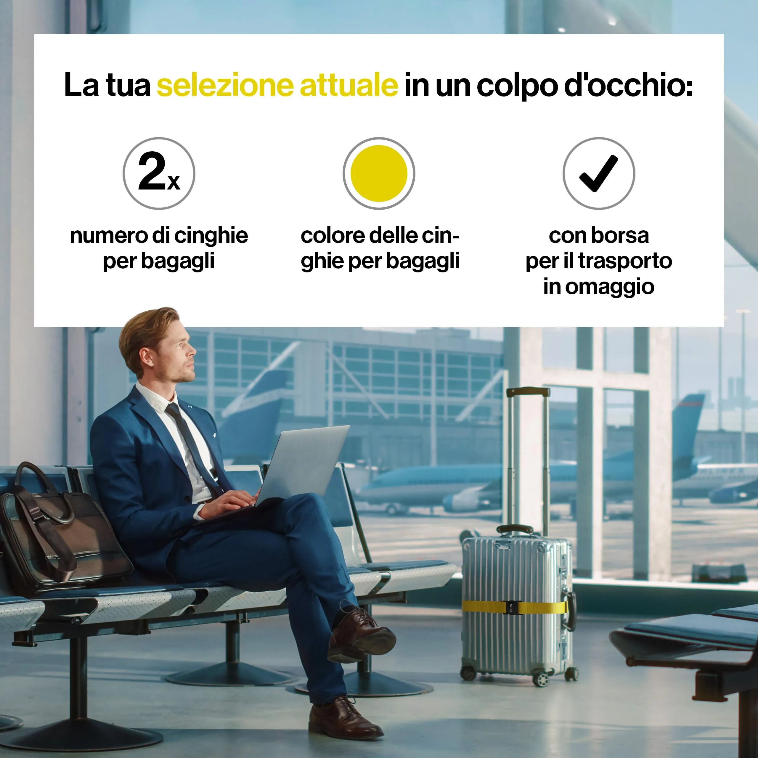 Travely® Cinghia per valigia di alta qualità, accattivante e sicura, con 2 targhette per nome, nastro per bagagli sulla croce, set da 2 pezzi, colore giallo - immagine 7