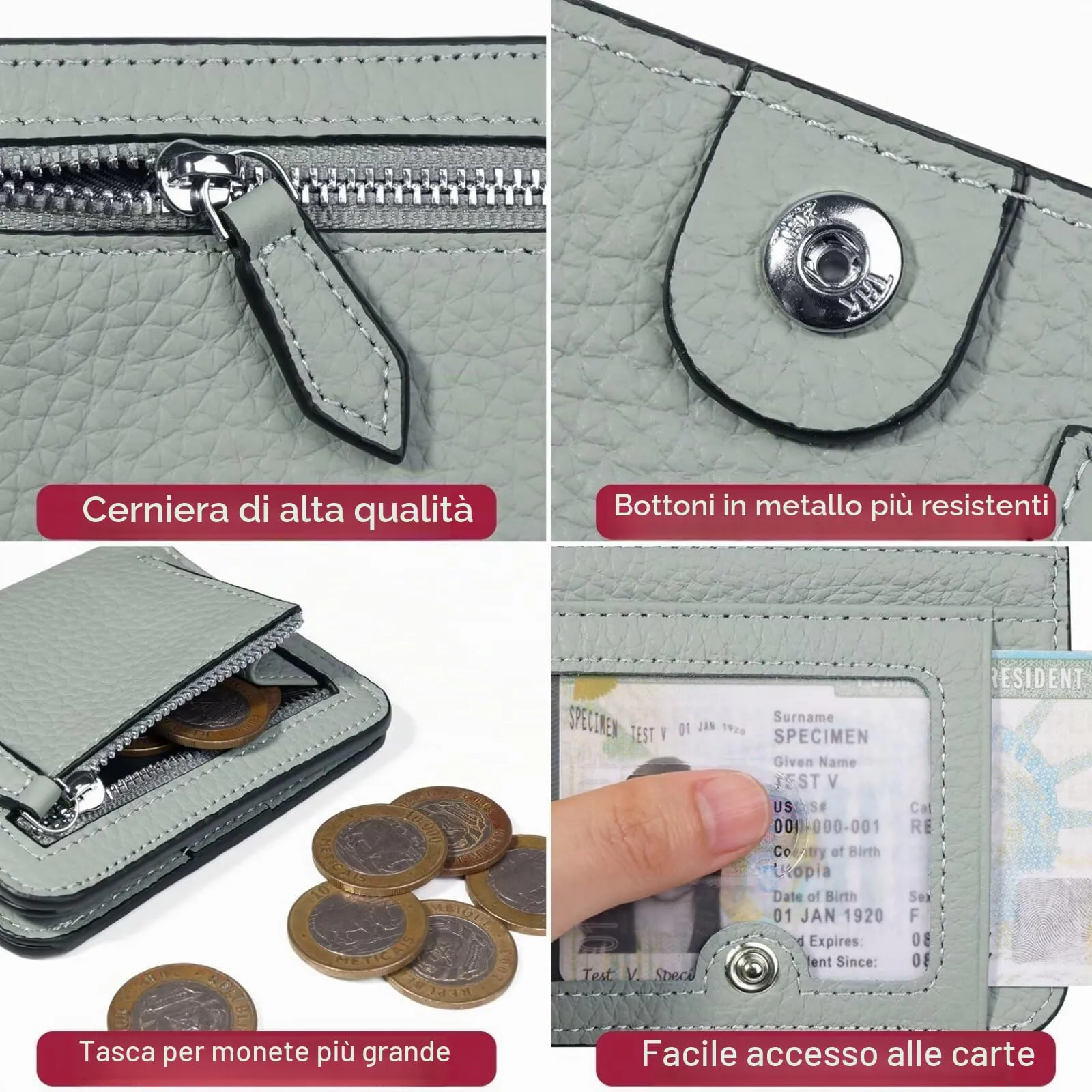GADIEMKENSD Small Wallet Bifold RFID Credit Card Holder for Men Leather Coin Ladies Purse RFID Blocking Mini Compact Pocket Wallet with Zipper Card Cash Slots Ultra Slim Minimalist Light Grey - immagine 6