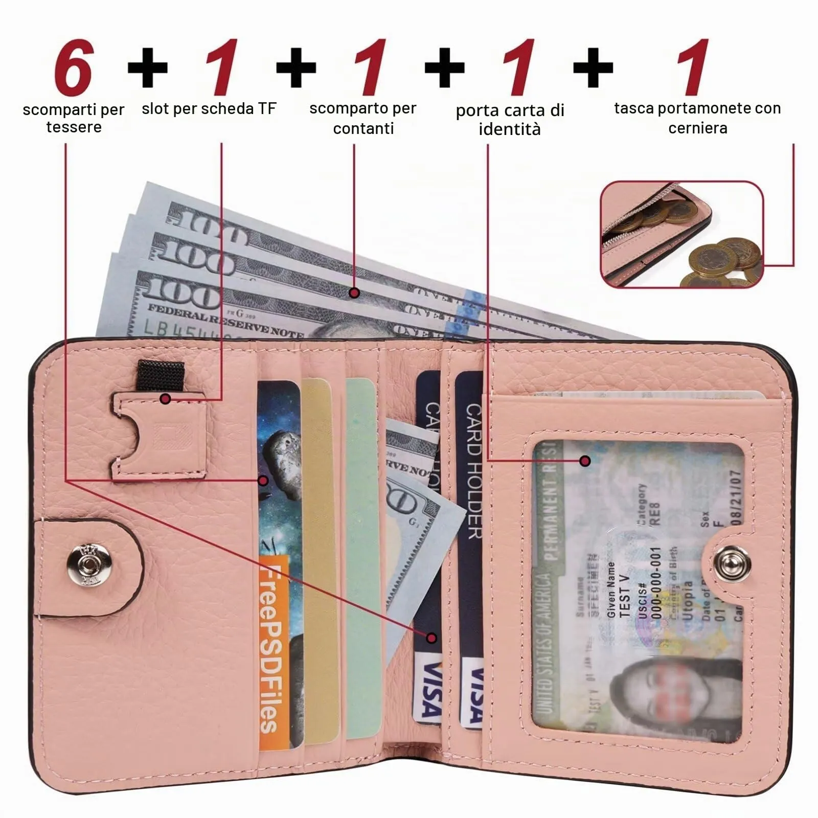 GADIEMKENSD Women Bi-fold Purse RFID Blocking Credit Card Holder Leather Travel Wallet for Woman Zipper Small Coin Pocket Cute Compact Ladies Purse with ID Window Card Cash Slots Ultra Slim Pink - immagine 2