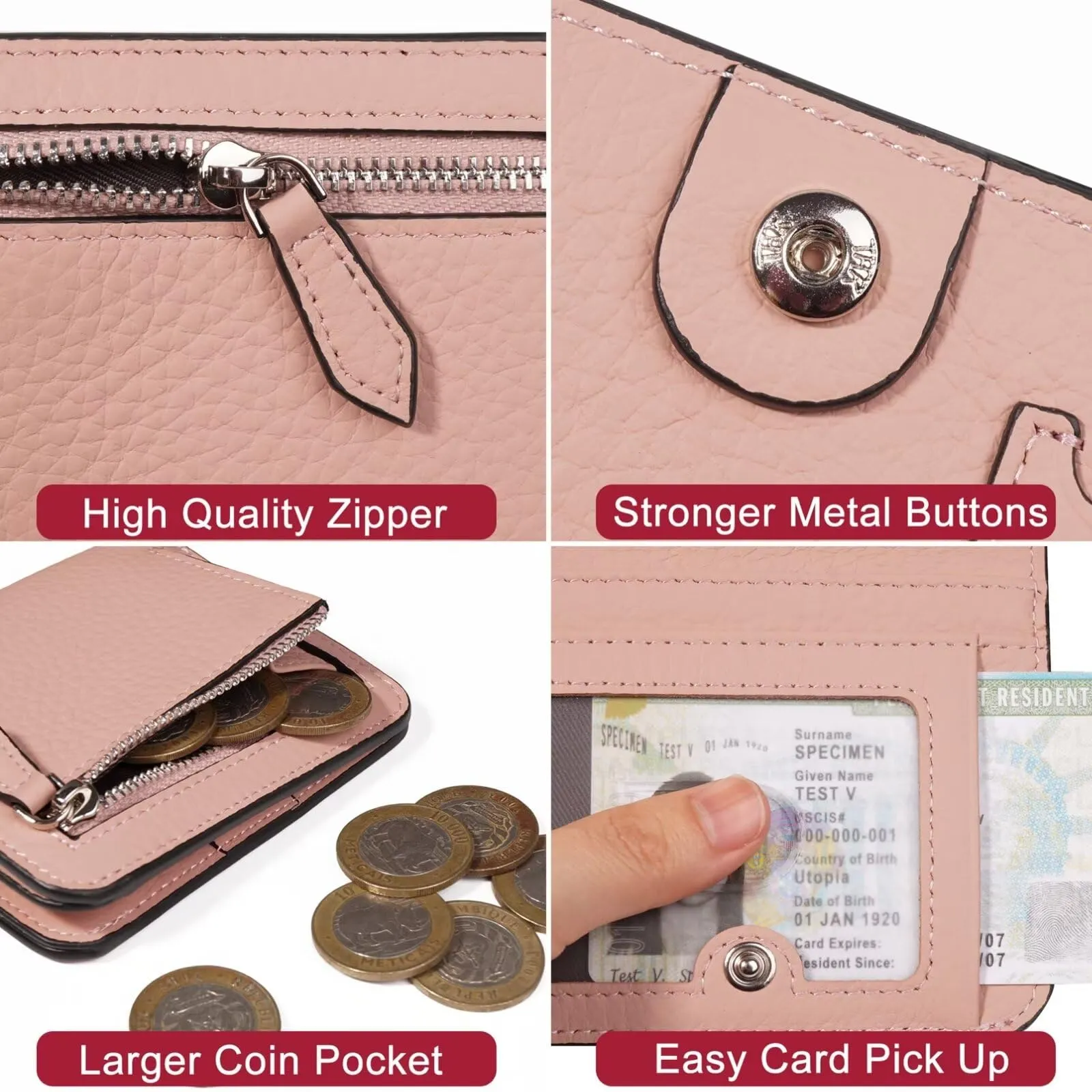 GADIEMKENSD Women Bi-fold Purse RFID Blocking Credit Card Holder Leather Travel Wallet for Woman Zipper Small Coin Pocket Cute Compact Ladies Purse with ID Window Card Cash Slots Ultra Slim Pink - immagine 6