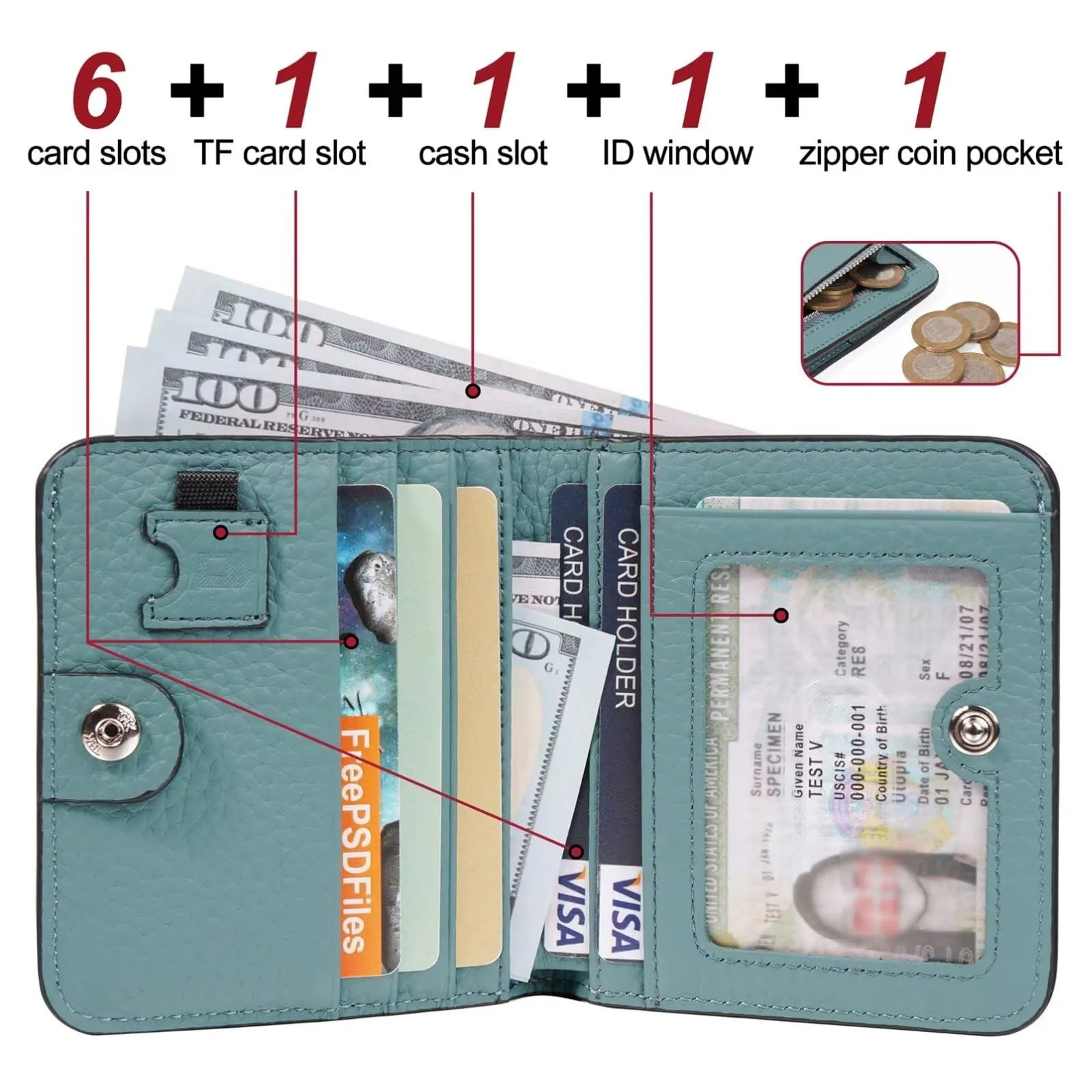 GADIEMKENSD Womens Bifold Purse Credit Card Holders RFID Blocking Mens Leather Wallet for Travel Bus Card Coin Pocket Cute Small Ladies Purses with Zip ID Window Card Cash Slots Emerald Green - immagine 2