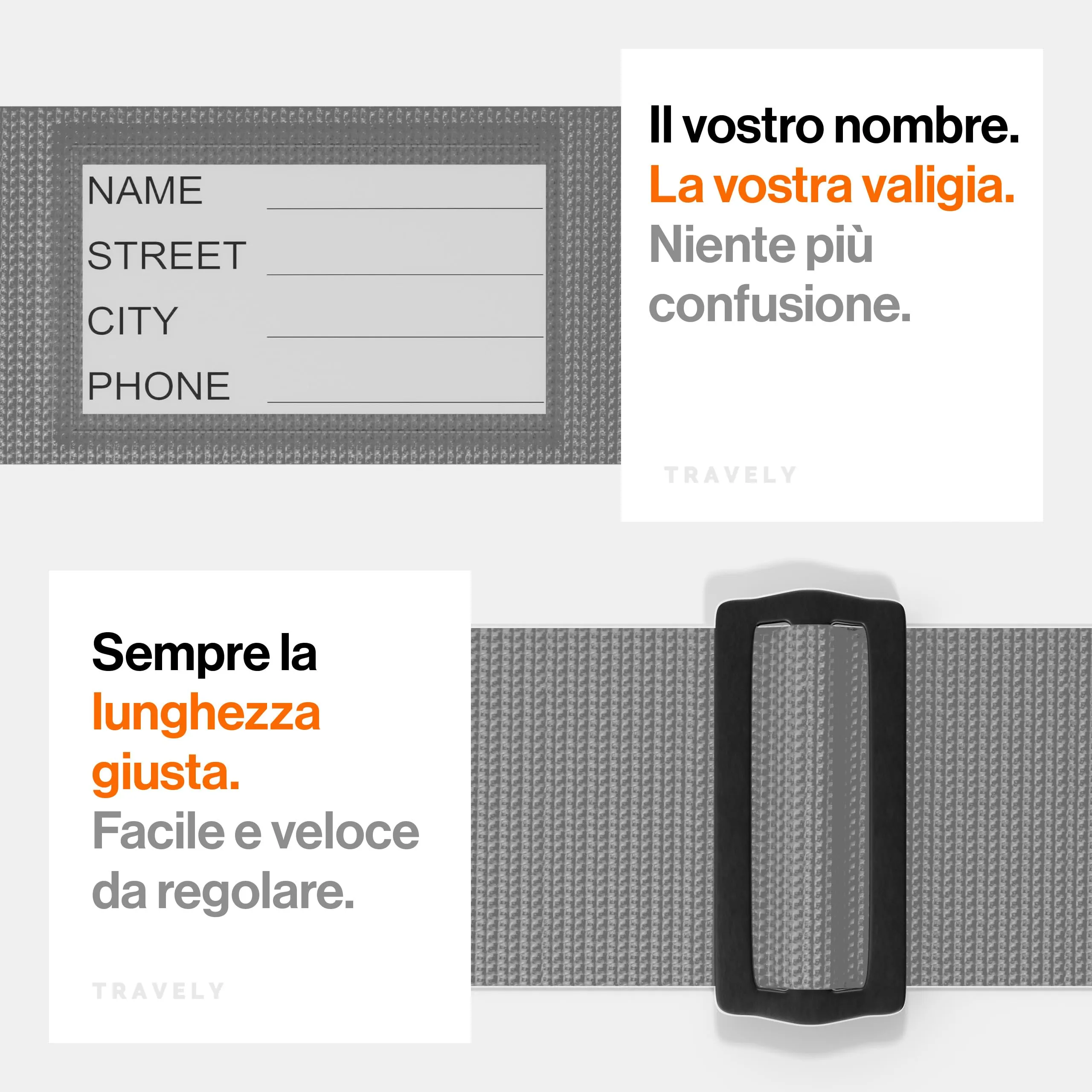 Travely Cinghia per bagagli di alta qualità, particolarmente accattivante e sicura, include 2 targhette per il nome, cinghia per bagagli ideale da indossare sopra la croce, set da 4, grigio - immagine 5