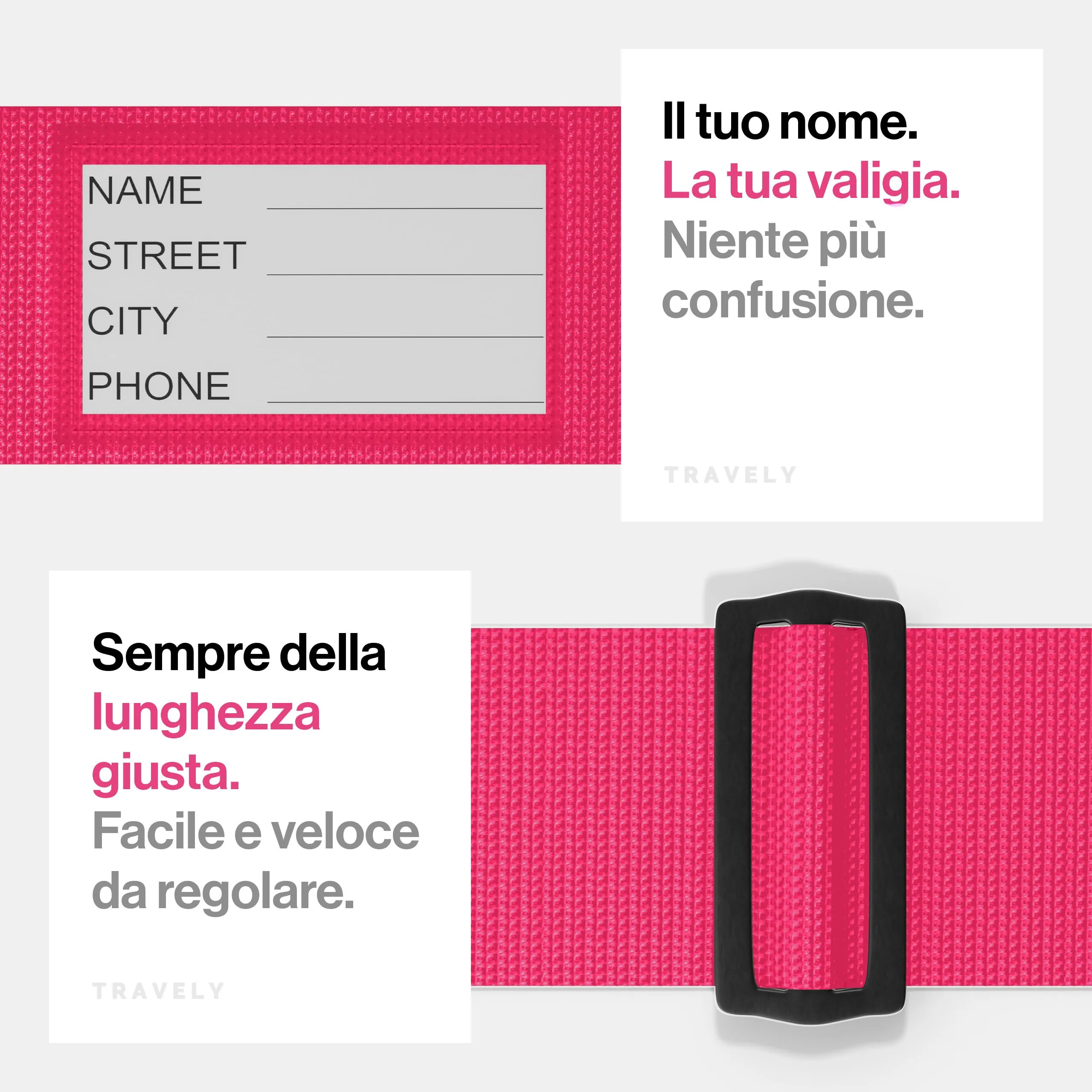 Travely® Cinturino per valigia, particolarmente accattivante e sicuro, include 2 etichette per nome, nastro ideale su croce, set di 2 pezzi, colore rosa - immagine 5