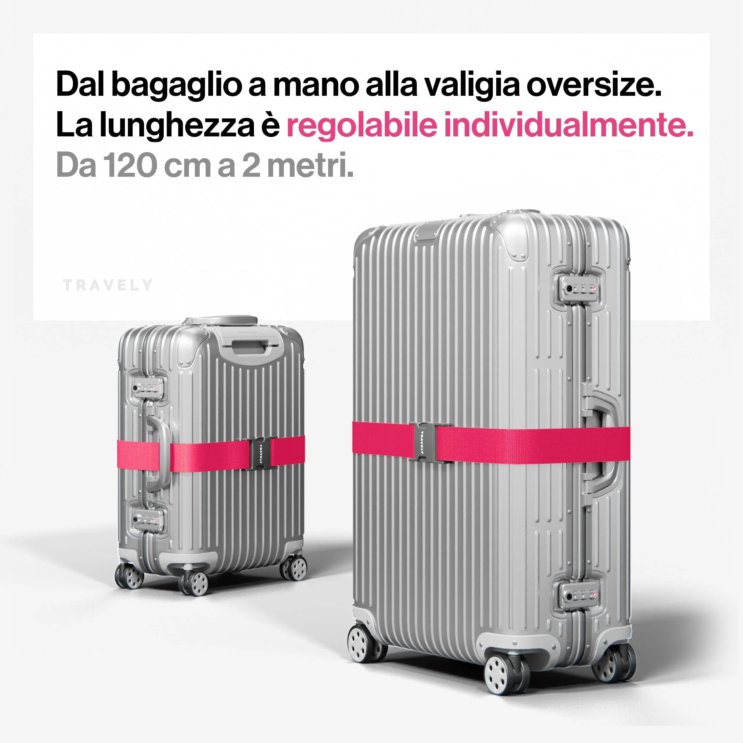 Travely® Cinturino per valigia, particolarmente accattivante e sicuro, include 2 etichette per nome, nastro ideale su croce, set di 2 pezzi, colore rosa - immagine 6