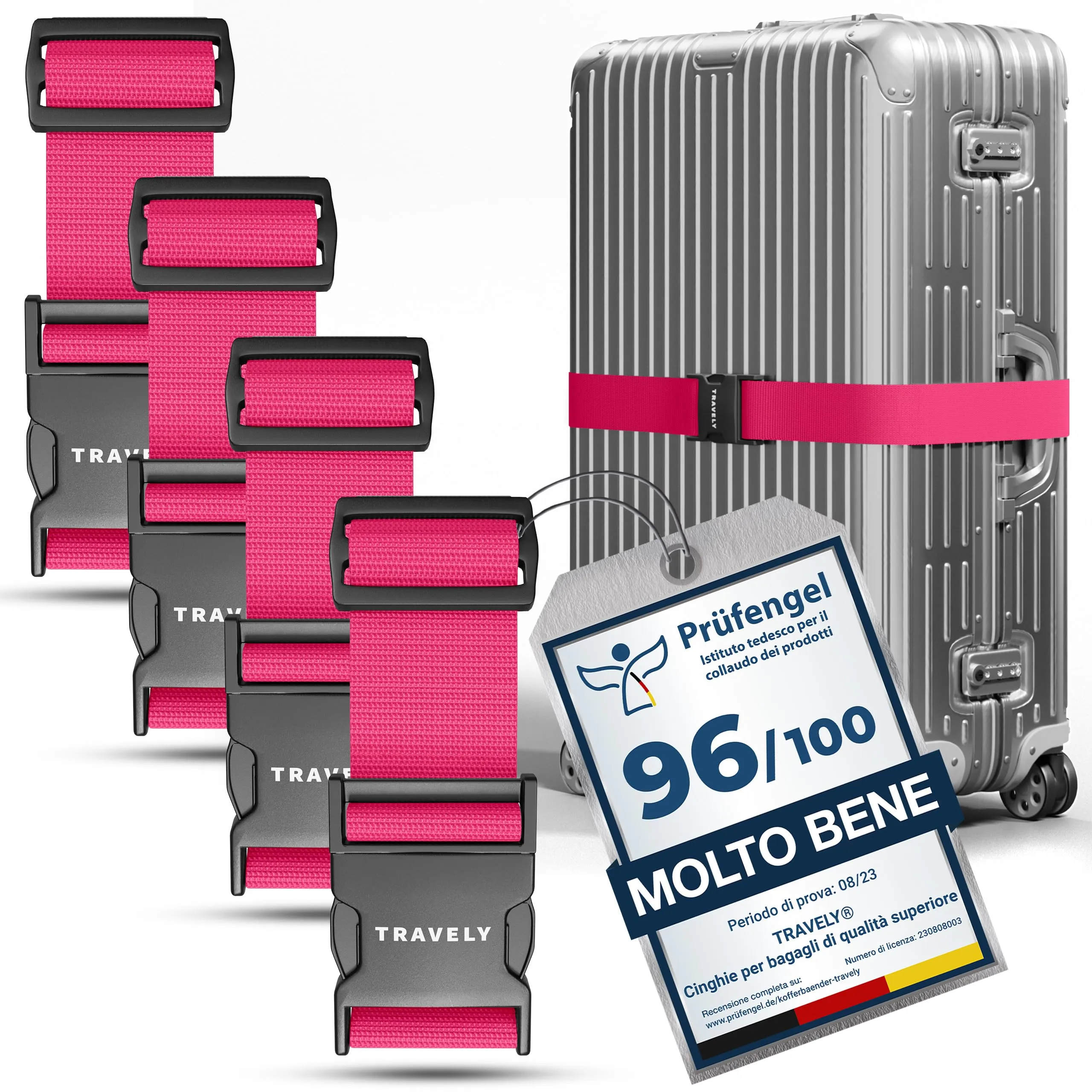 Travely® Set di 4 cinghie per valigia di alta qualità, particolarmente attraenti e sicure, con 2 etichette per bagagli, cinghia per bagagli ideale a croce, rosa - immagine 1