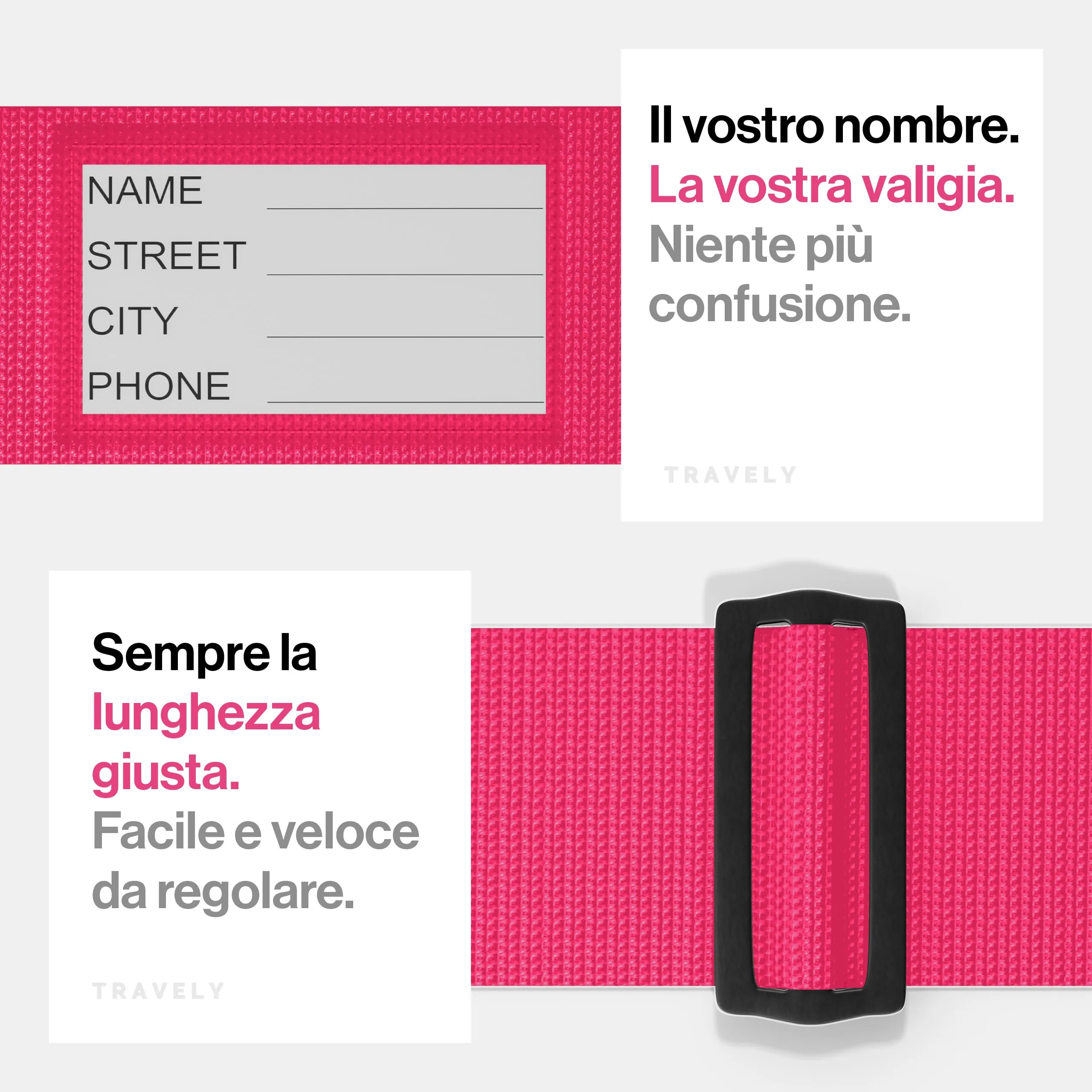 Travely® Set di 4 cinghie per valigia di alta qualità, particolarmente attraenti e sicure, con 2 etichette per bagagli, cinghia per bagagli ideale a croce, rosa - immagine 5