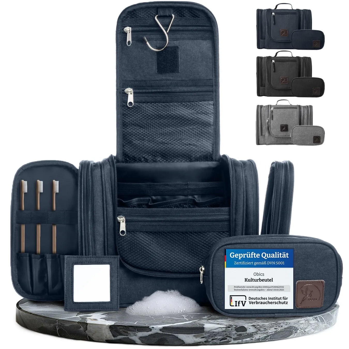 Obics® Beauty case da viaggio per uomo e donna 8L (grande) blu - Borsa da toilette e trousse da appendere con specchio - Sacchetto per cosmetici e toiletry per viaggi e campeggio (10 scomparti) - immagine 1