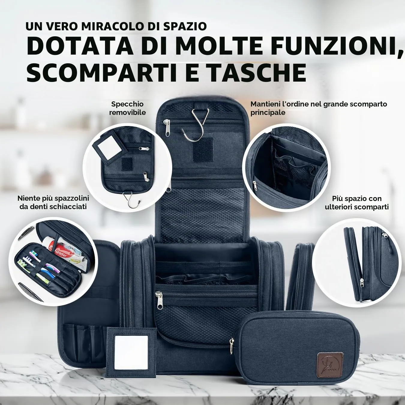 Obics® Beauty case da viaggio per uomo e donna 8L (grande) blu - Borsa da toilette e trousse da appendere con specchio - Sacchetto per cosmetici e toiletry per viaggi e campeggio (10 scomparti) - immagine 2