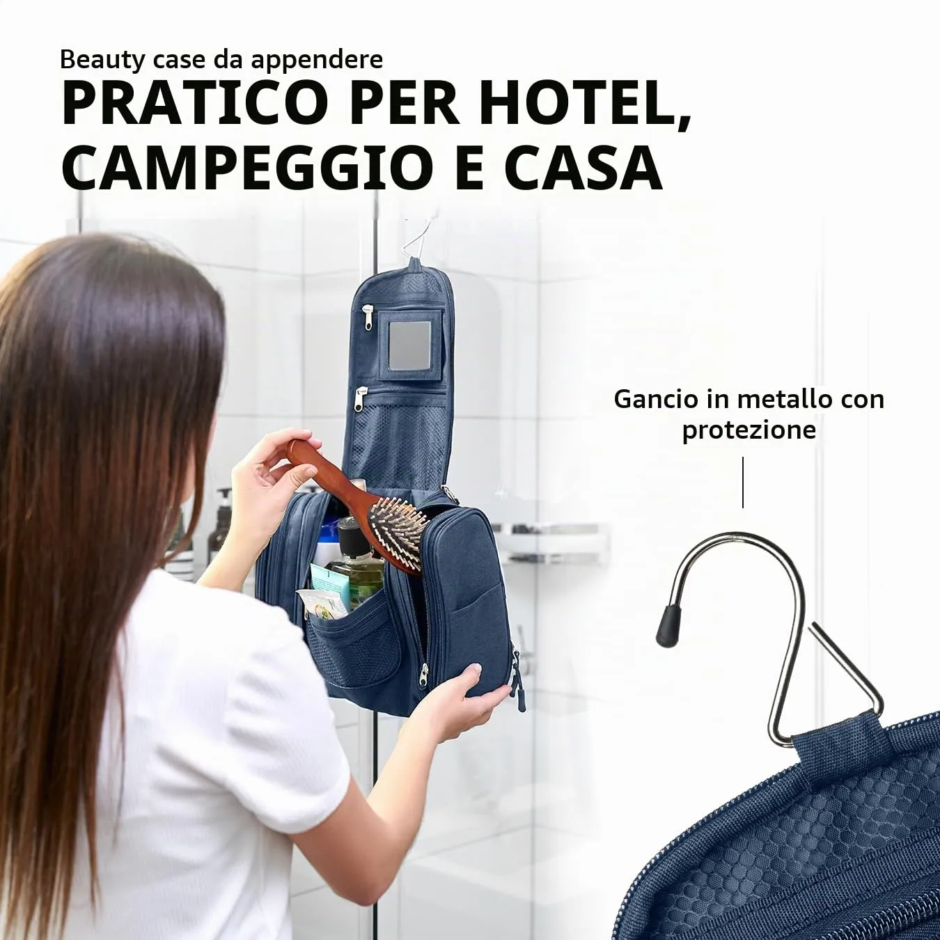 Obics® Beauty case da viaggio per uomo e donna 8L (grande) blu - Borsa da toilette e trousse da appendere con specchio - Sacchetto per cosmetici e toiletry per viaggi e campeggio (10 scomparti) - immagine 3