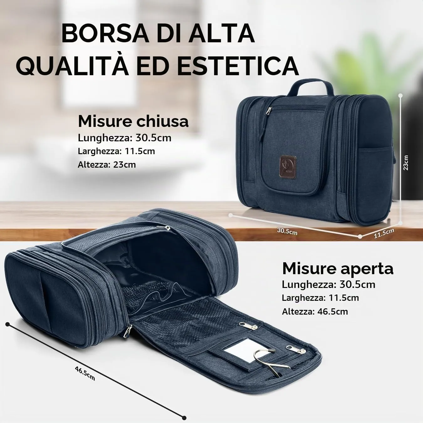 Obics® Beauty case da viaggio per uomo e donna 8L (grande) blu - Borsa da toilette e trousse da appendere con specchio - Sacchetto per cosmetici e toiletry per viaggi e campeggio (10 scomparti) - immagine 4