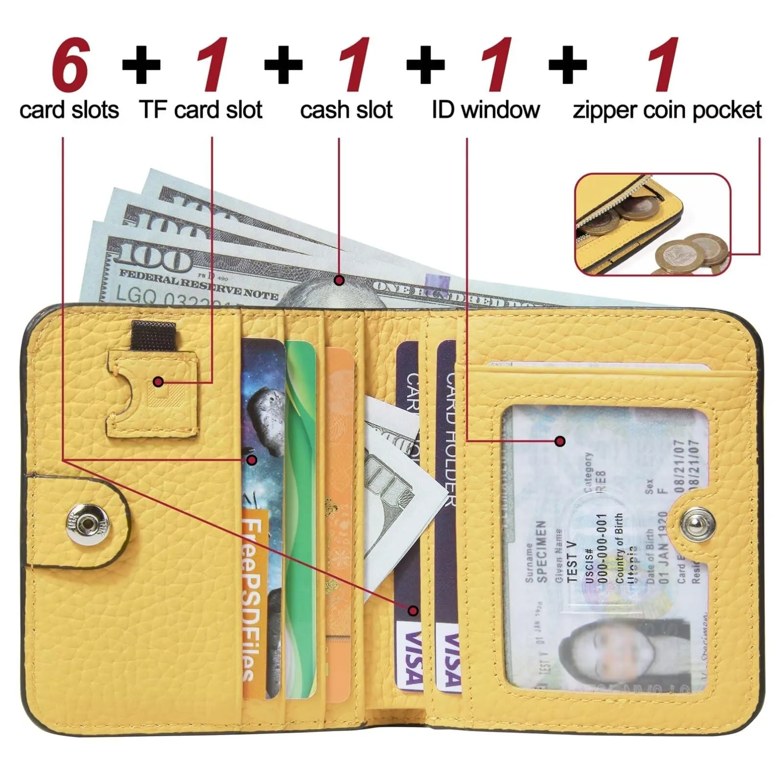 GADIEMKENSD Small Wallet Bifold RFID Credit Card Holder for Men Leather Coin Ladies Purse RFID Blocking Mini Compact Pocket Wallet with Zipper Card Cash Slots Ultra Slim Minimalist Yellow - immagine 2