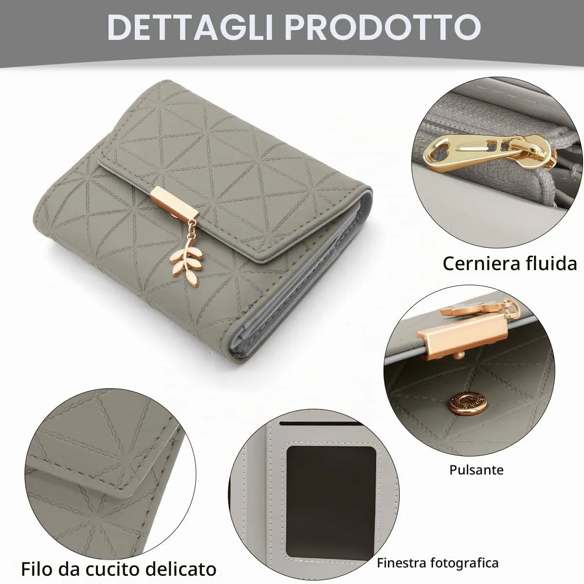 REETEE Portafoglio Donna Piccolo in Pelle PU Corto Portafogli Donna con Portamonete di Cerniera, Small Portamonete Donna con 6 Slot Schede Mini Portafoglio Donna (B-grigio) - immagine 4