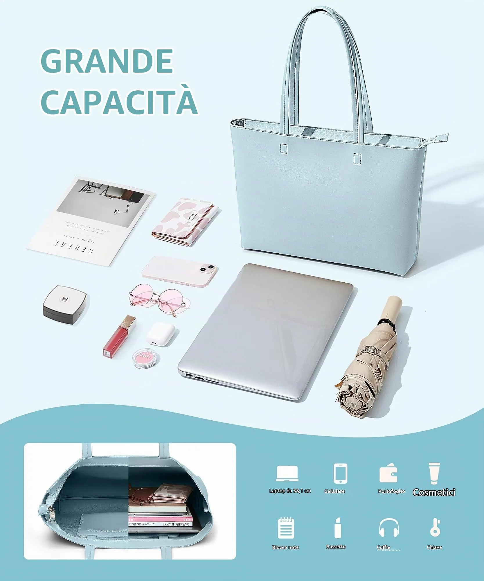 KALIDI, Borsa larga da donna, con cerniera, impermeabile, in poliuretano, per lavoro, scuola, viaggi, uso quotidiano, Blu - immagine 5